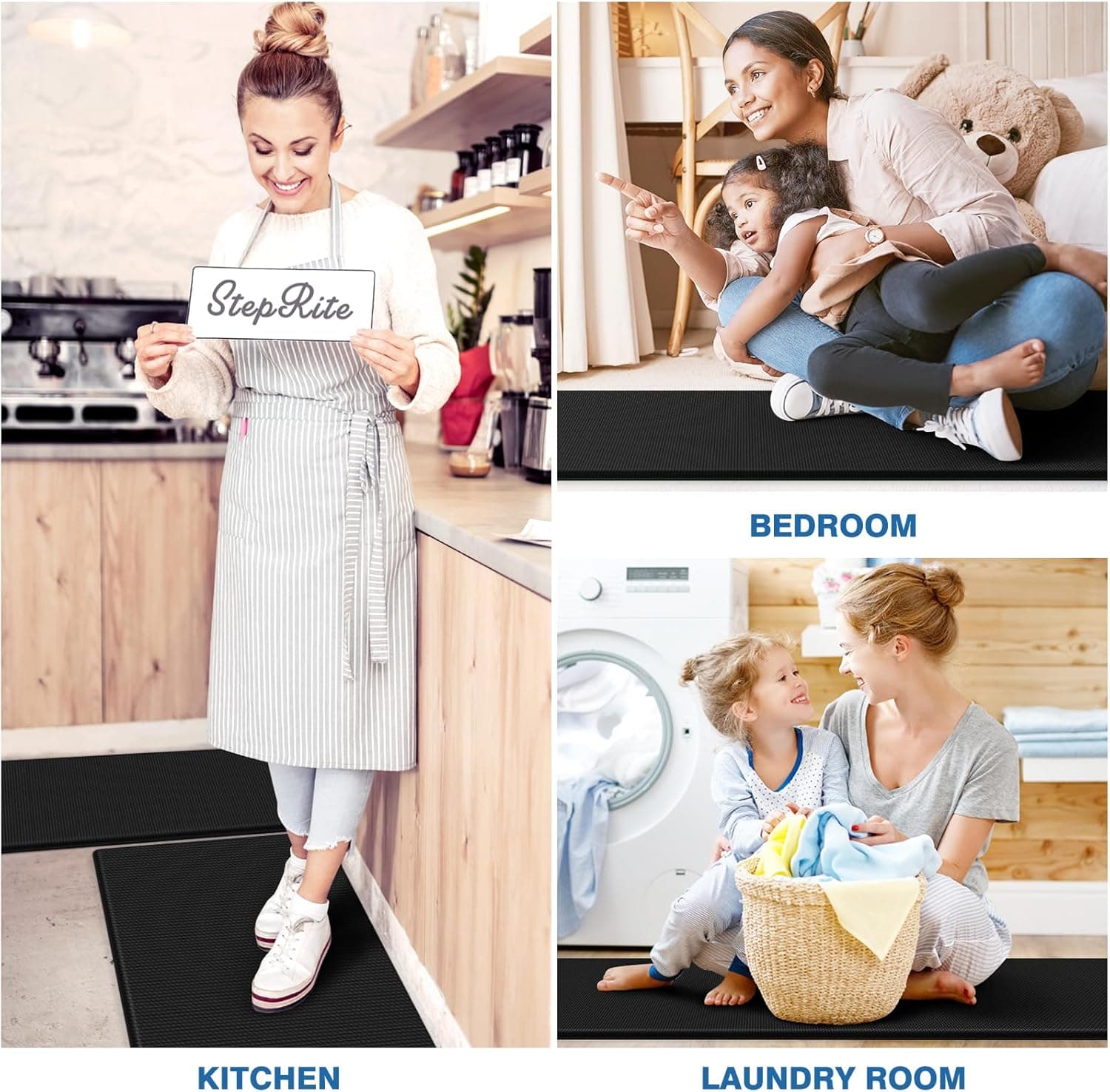 StepRite Kitchen Mats, 2PCS Kitchen Rugs, Cushioned Anti Fatigue Kitchen Mats for Floor, Non-Slip Standing Desk Mat, Waterproof Kitchen Rug Set for Kitchen, Floor, Office, 17.3"x30"+17.3"x47", Black Black 17.3" x 30"+17.3" x 47"-0.4 inch - Image 7