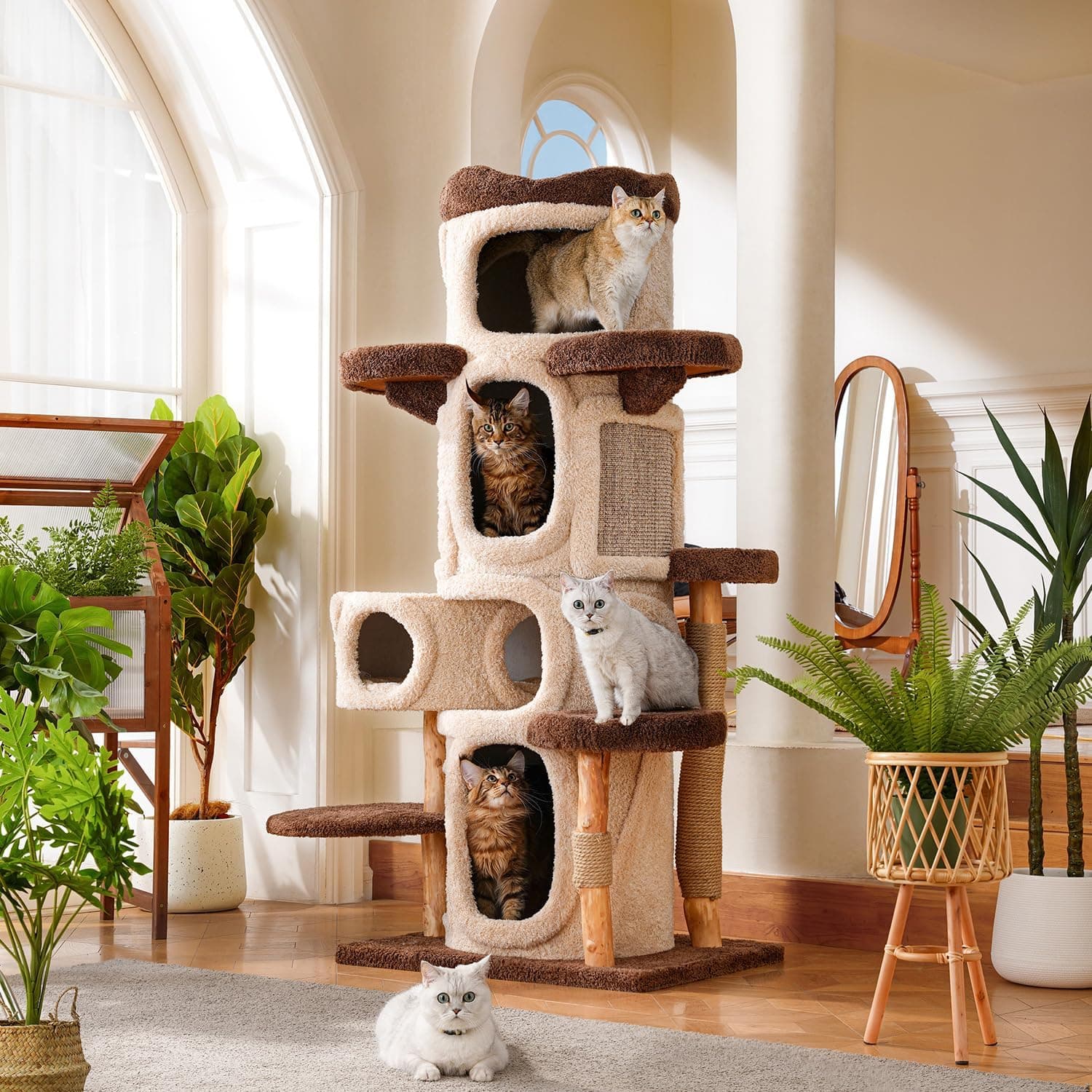 70'' Tall Large Cat Tree for Indoor Cats Adults,Treehouse Theme Luxury Cat Tower,Multi-Level Condo with Wood Scratching Post,Perch,Huge House for Large Cats 70inch - Image 8