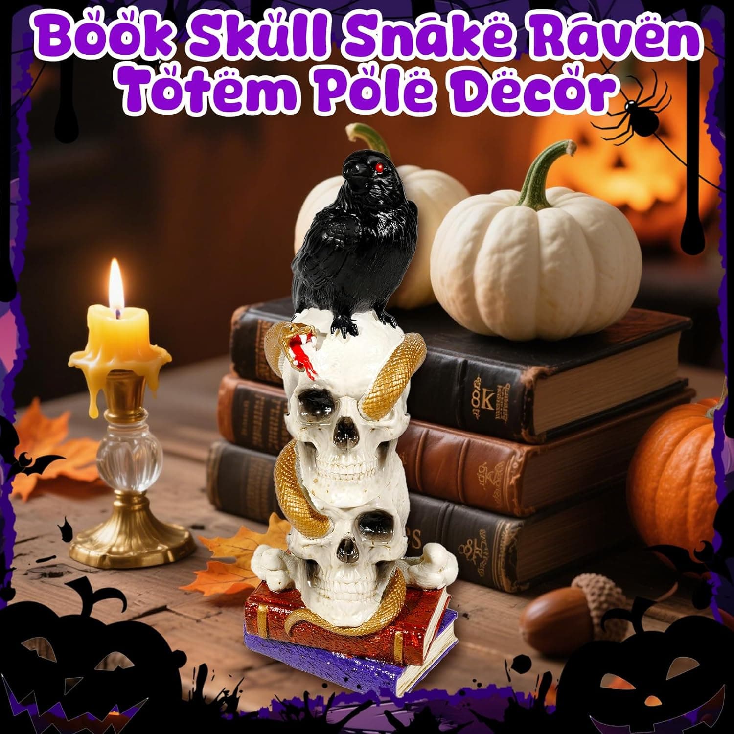 Wowagoga Halloween Raven Skull,Skeleton Skull Head, Totem Pole Decor with Book 8 Inch Tall Macabre Art Sculpture for Home Office - Image 4