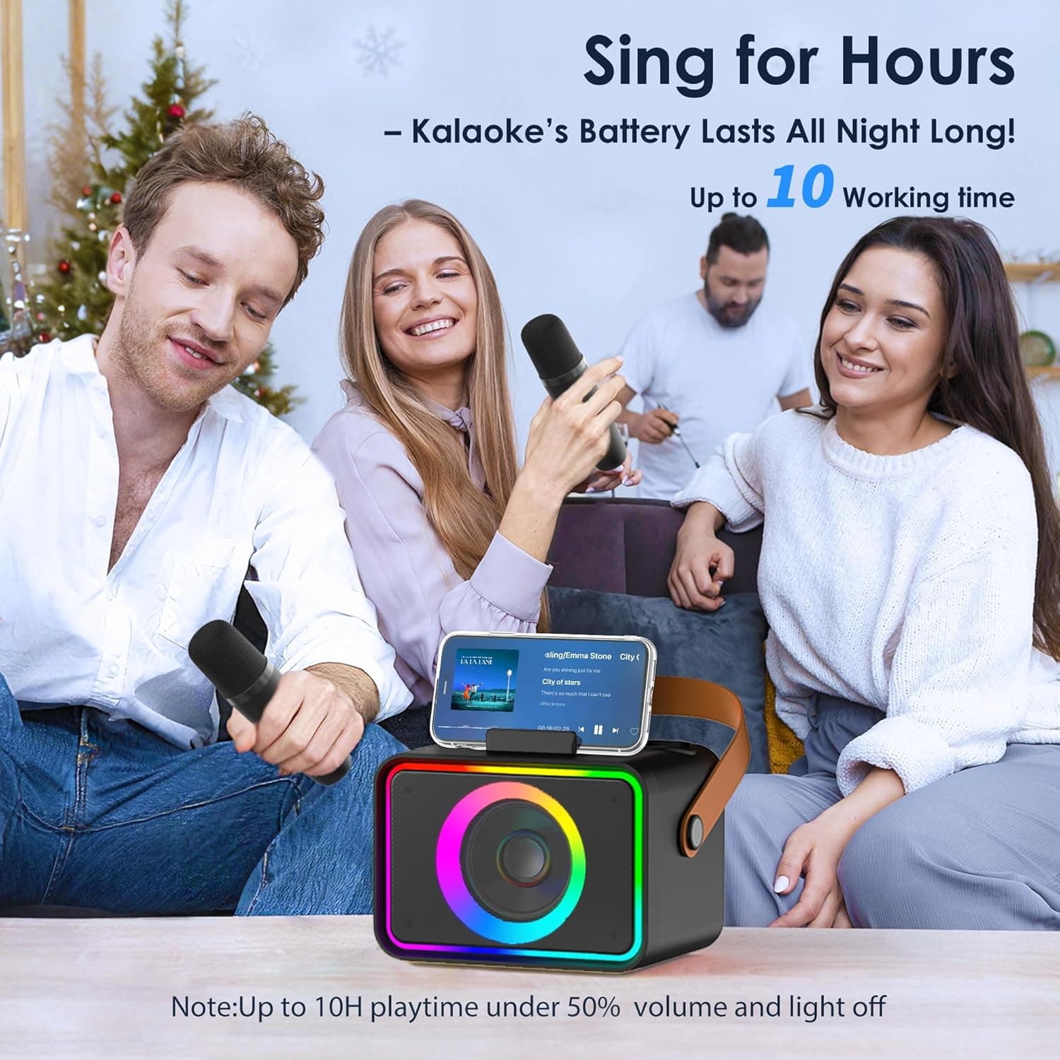 Karaoke Machine,Portable Bluetooth Speaker with 2 Wireless Microphone for Adults & Kids with LED Lights, Karaoke Microphone with PA System Supports USB/TF/AUX,Gift for Party (Black) - Image 7