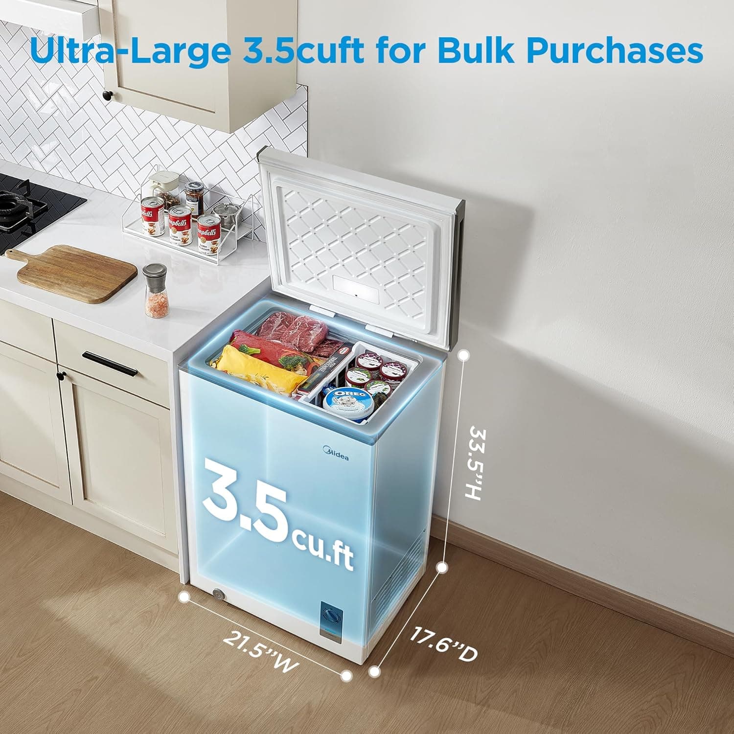 Midea MERC04C4BAWW Chest Freezer, 3.5 Cubic Feet Freezer With Removable Basket, Interior LED Light, Adjustable Temperature, For Kitchen Apartment Office, White 3.5 Cubic Feet (Convertible) - Image 4