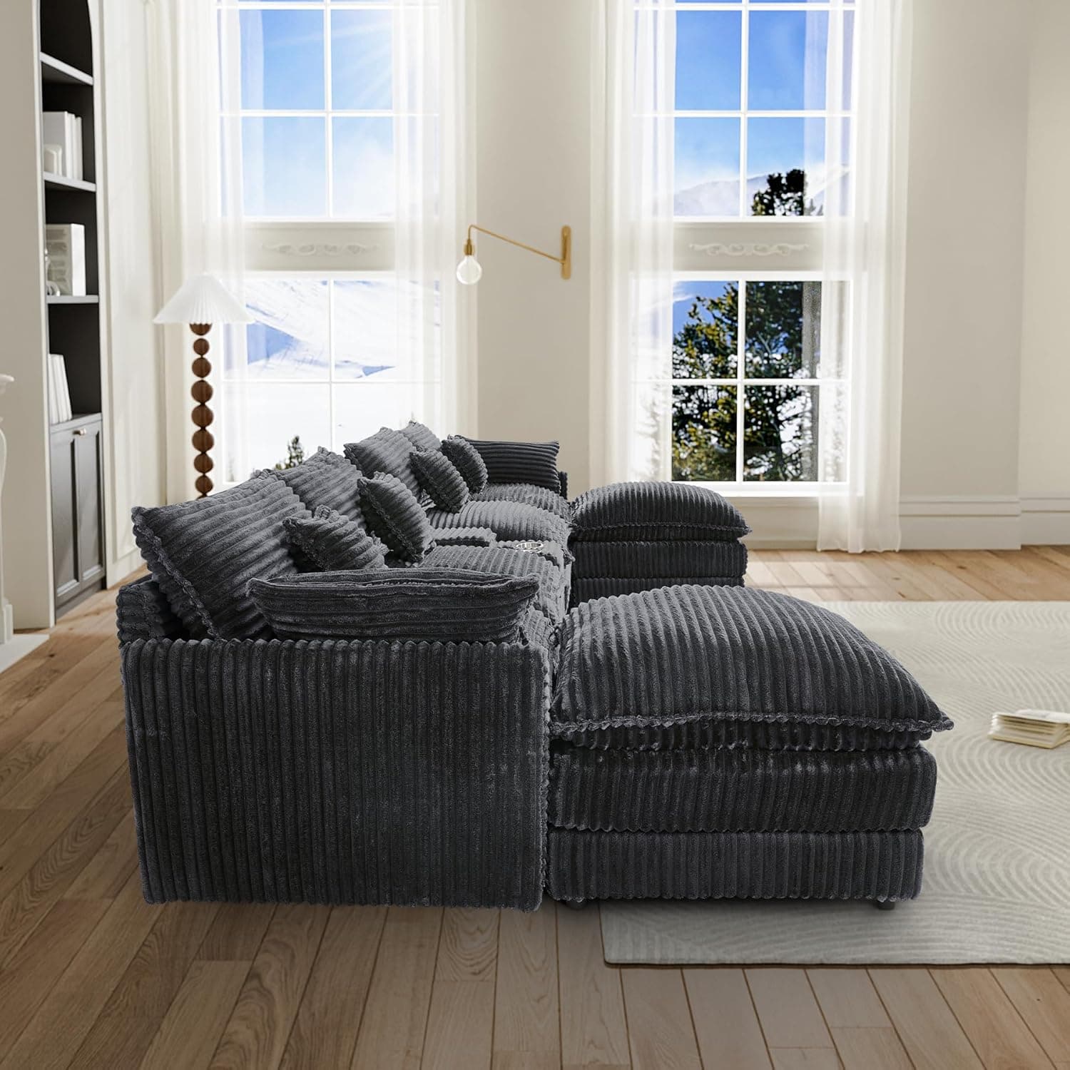 HYJT-H&K 145" U Shaped Cloud Couch Modular Dark Grey Sectional Couches for Living Room, Comfy Fluffy Corduroy Oversized Cloud Sectional Couch Large 6 Seat Sectionals Sofa Set Central Console USB Port 145" Dark Grey - Image 7