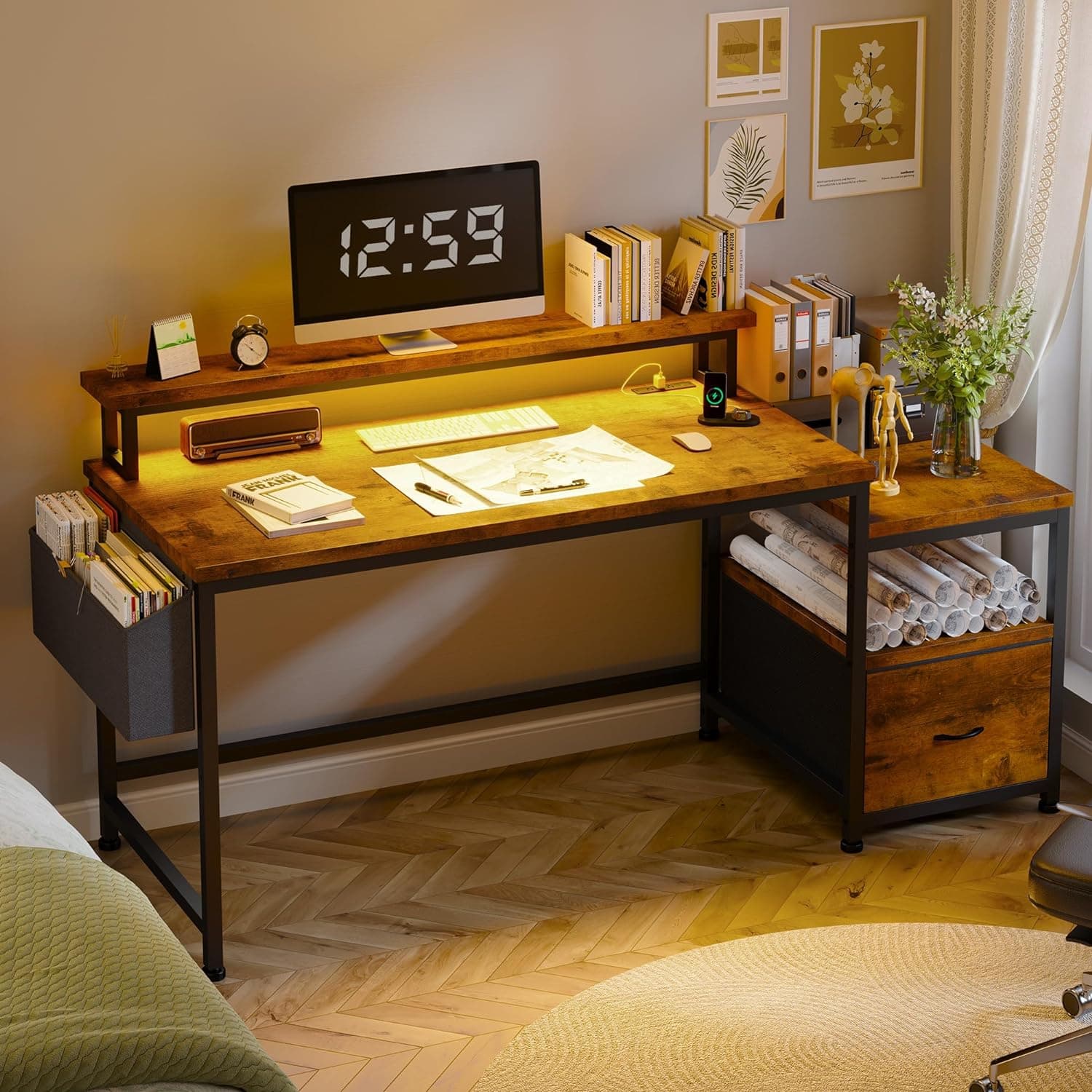 EnHomee 57" Office Desk with Drawers and Printer Space,Computer Desk with Power Outlets,Home Office Desks with File Drawers Cabinet,Study and Gaming Desk with Shelves Monitor Stand,Rustic Brown - Image 4