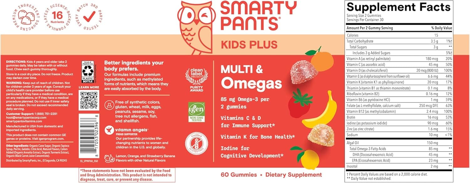 SmartyPants Kids Multivitamin Gummies - Improved Formula: Omega 3 (DHA/EPA), Vitamins D3, C, B12, B6, Vitamin A, K & Zinc, Gluten Free, Three Fruit Flavors, 60 Count (30 Day Supply) New Formula 60 Count (Pack of 1) - Image 16