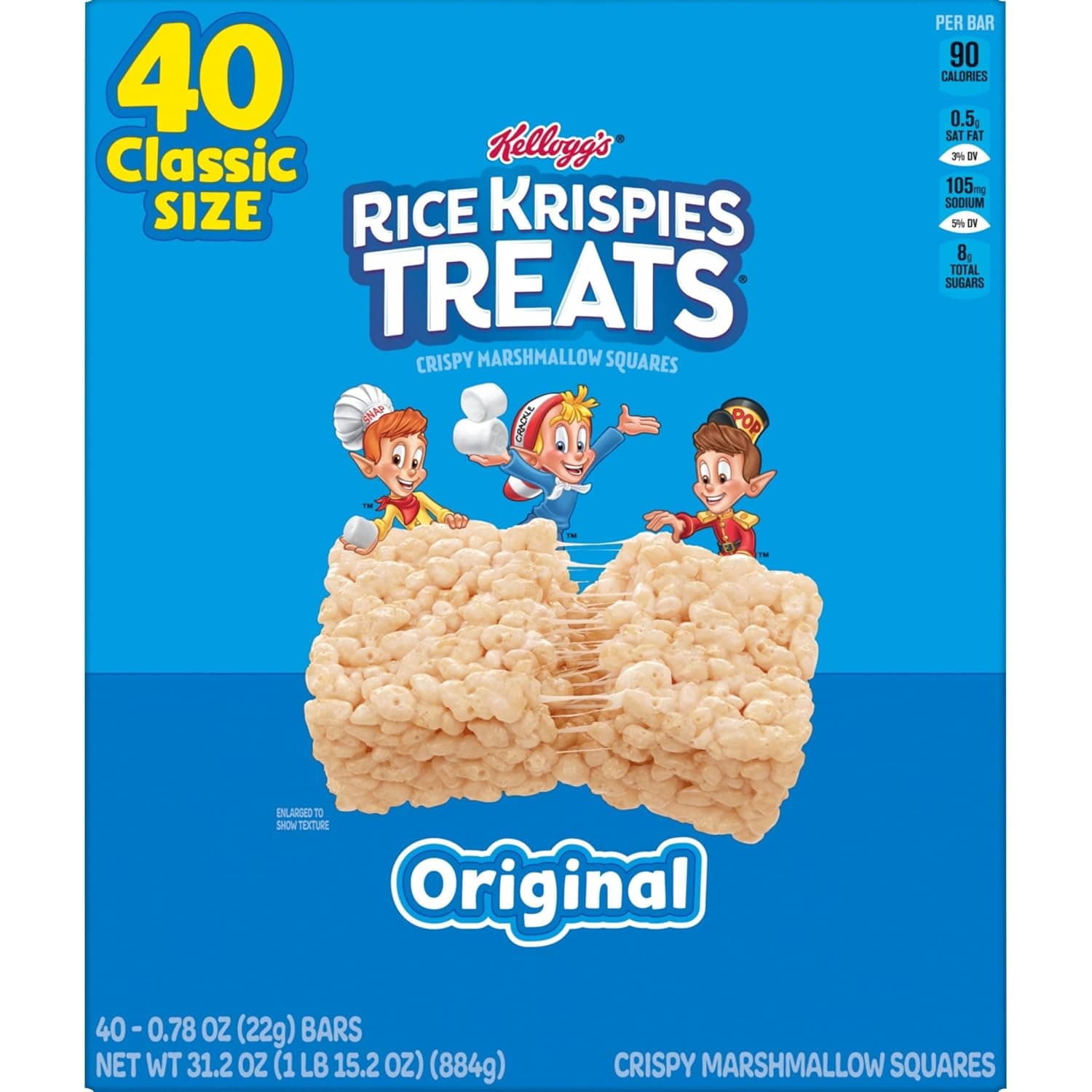 Rice Krispies Treats Crispy Marshmallow Squares, Kids Snacks, Snack Bars, Original, 31.2oz Box (40 Bars) - Image 10