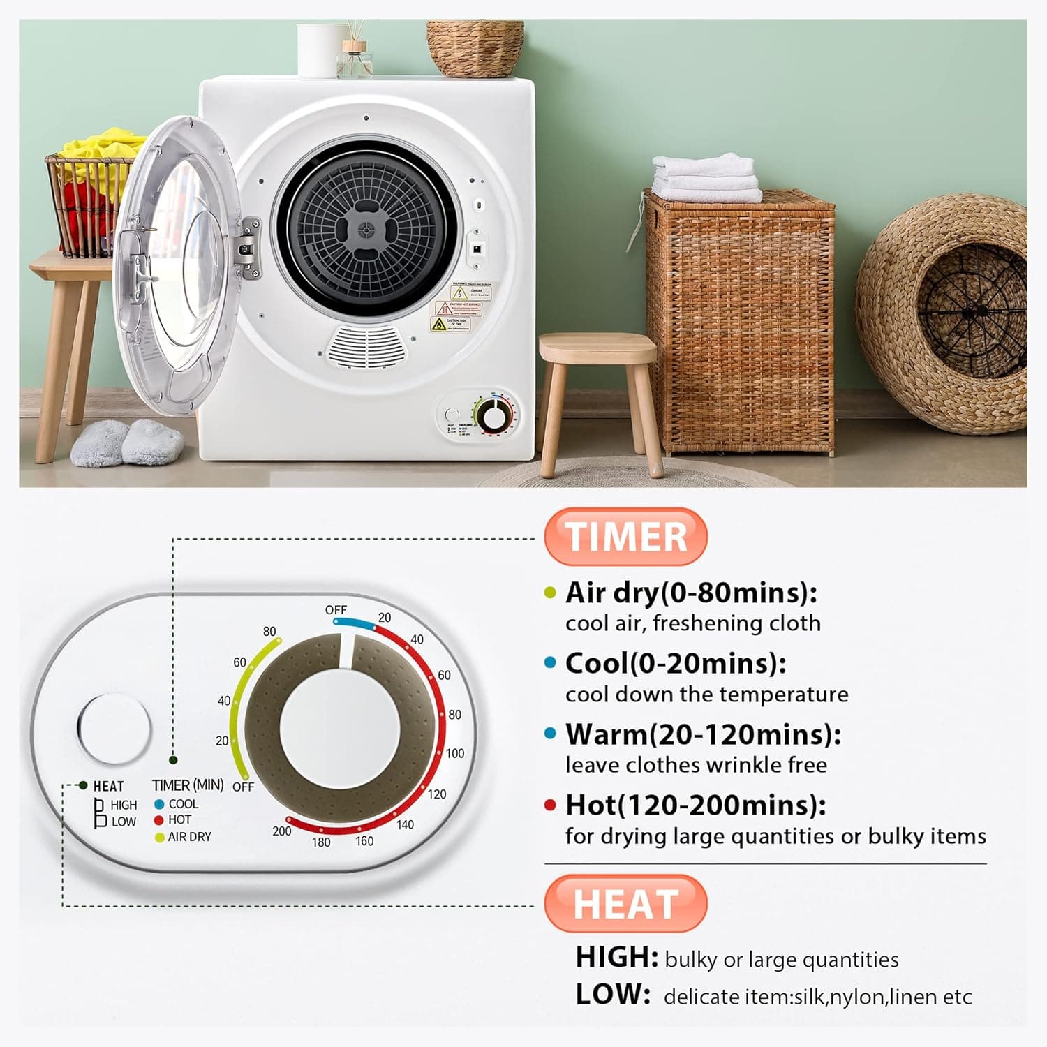 Euhomy Portable Dryer 1.5 cu. ft., 850W Powerful Clothes Dryer with Stainless Steel Drum and Exhaust Hose, Dryer Ideal for Apartments, RVs, Dorm Rooms，White 1.5 Cu.Ft. - Image 4