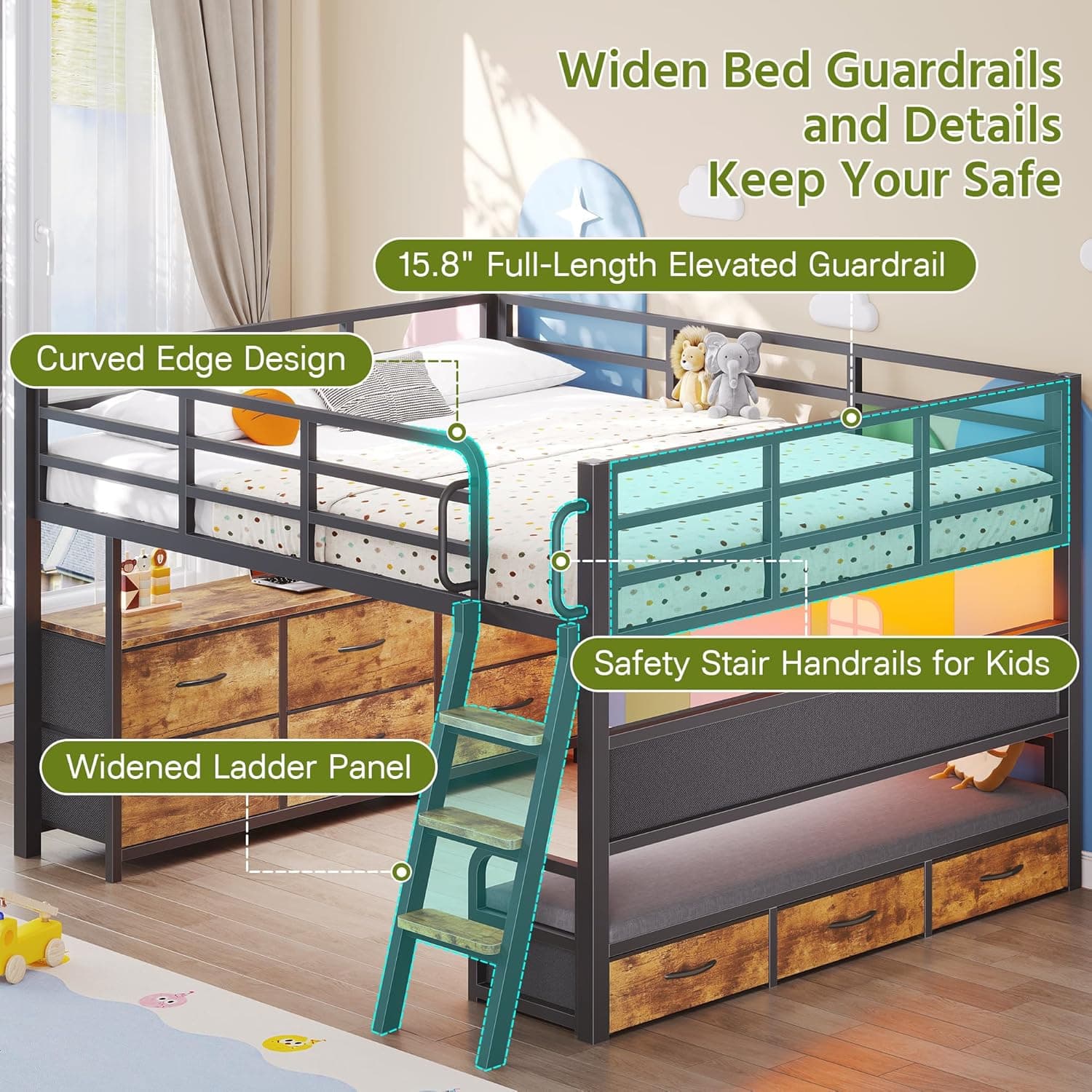 Cama de tamaño completo con escritorio, marco de cama de tamaño completo con 9 cajones de almacenamiento, cama loft para niños con barandilla de seguridad de 15.8" H, sofá, luces LED y estación de carga, sin necesidad de somier, marrón rústico - Image 9