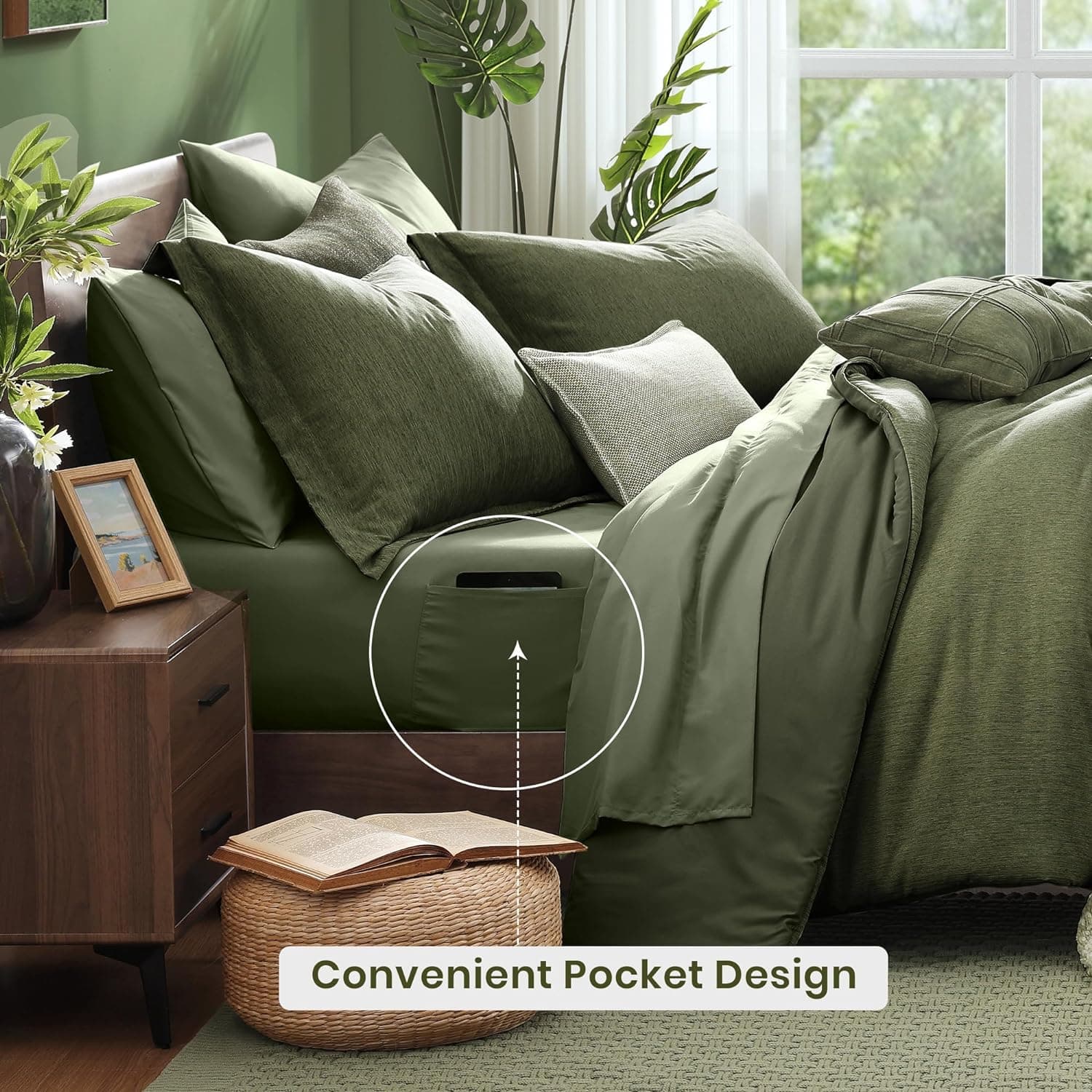 Monbix Queen Comforter Set - 7 Pieces Cationic Dyeing Olive Green Bed in a Bag Queen Bedding Sets with Comforter, Sheets, Pillowcases & Shams, Reversible Bedding Comforters Sets Olive Green 7Piece-Queen(90”X90'') - Image 5