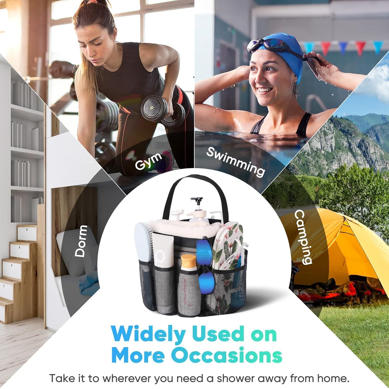 Eudele Mesh Shower Caddy Portable for College Dorm Room Essentials, 8-Pocket Large Capacity Shower Bag for Beach, Swimming, Gym All Black - Image 7