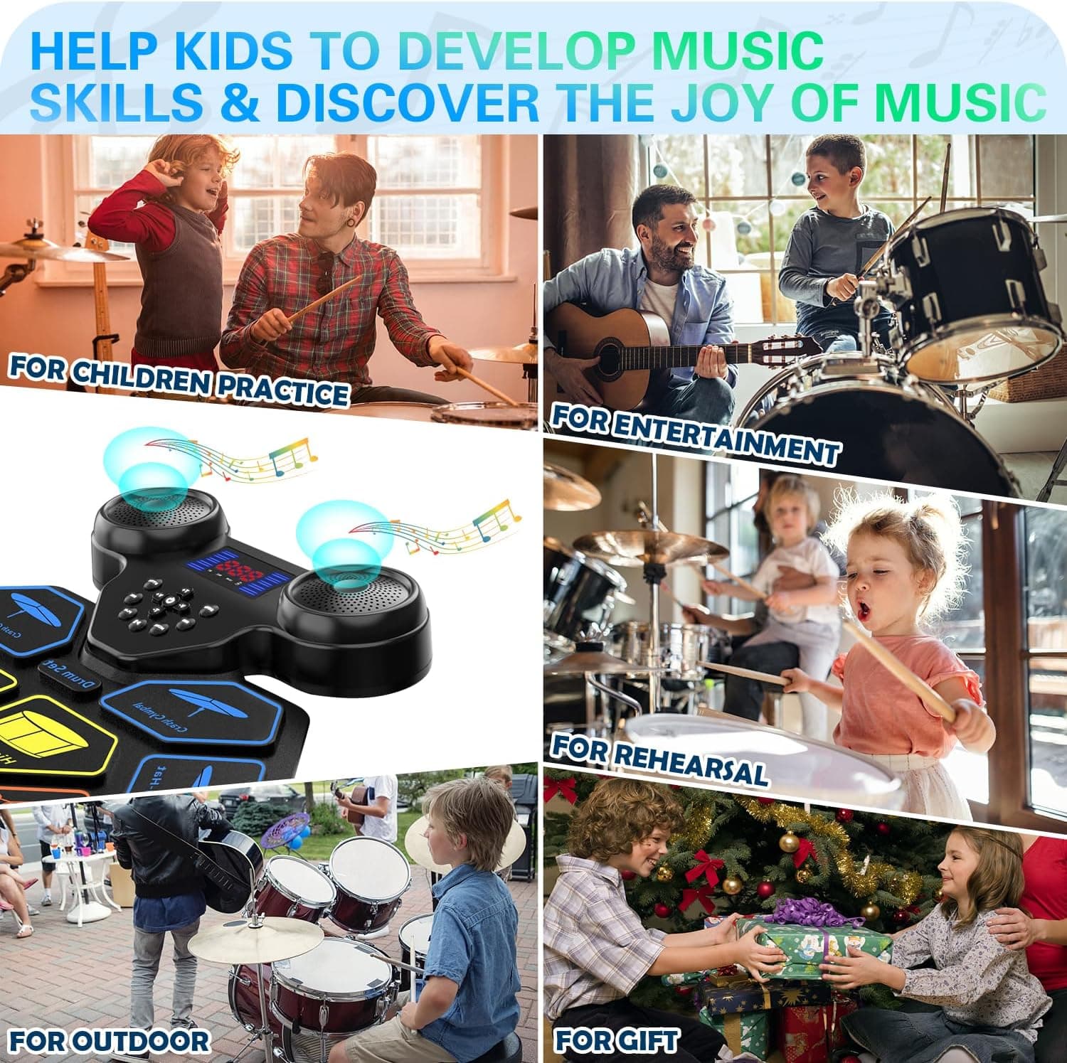 Electronic Drum Set - YUOIOYU Electric Drum Set Roll Up Portable Drum Kit MIDI Practice Drum Pad with Dual Built-in Speaker, Drum Sticks and Pedals, Christmas Birthday Gift for Kids Adult Colorful - Image 7