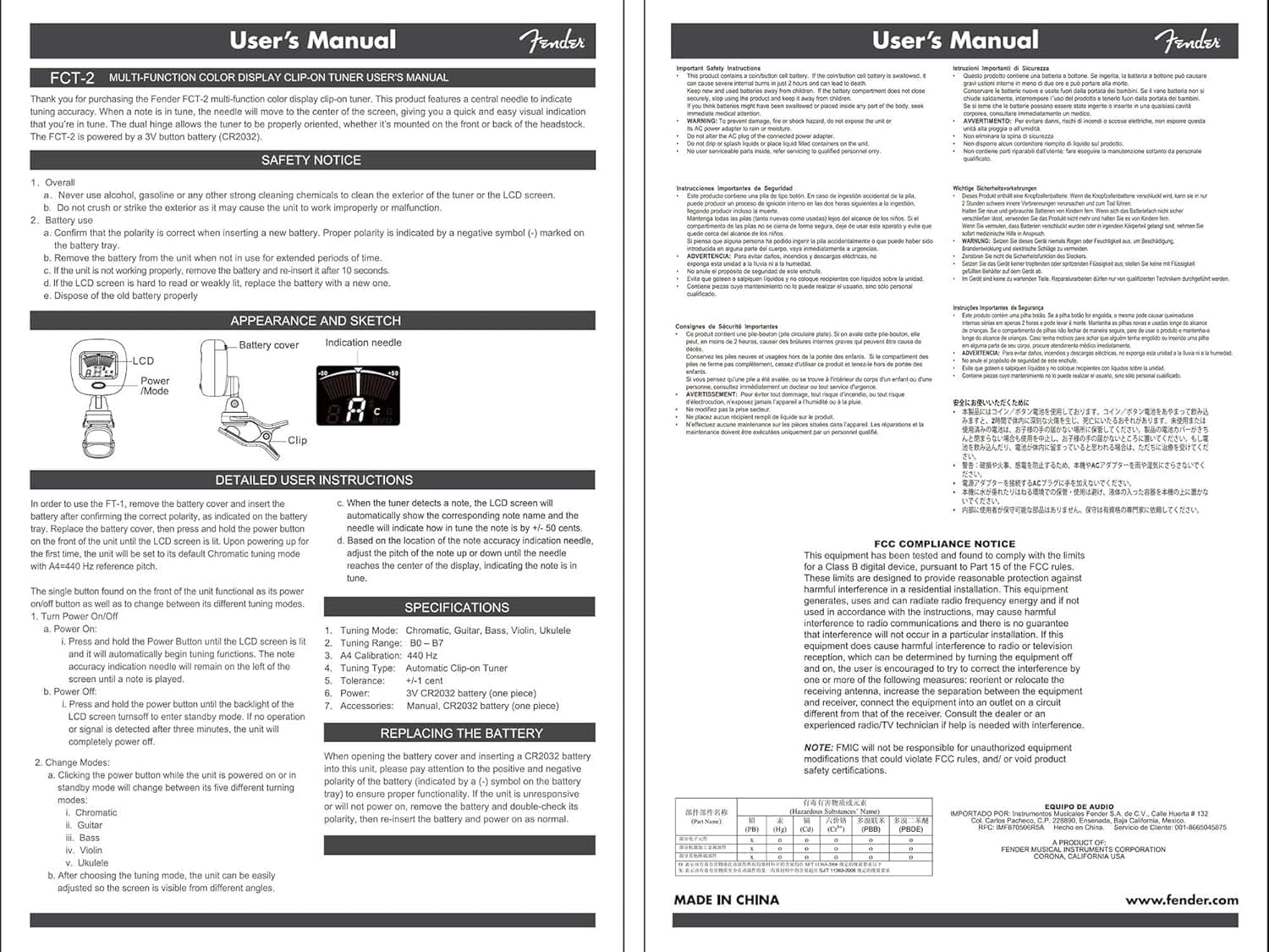 Fender FCT-2 Professional Multi-Instrument Clip-On Tuner for Guitar, Bass, Ukulele, and Violin - Image 8