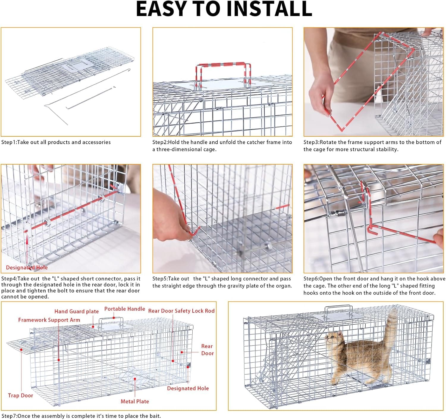32" Live Animal Traps,Humane Animal Trap for Stray Cats up to 16.5 pounds, Raccoons, Squirrel, Skunk, Mole, Groundhog, Armadillo, Rabbit,Steel Foldable with Pedal Triggers - Image 4