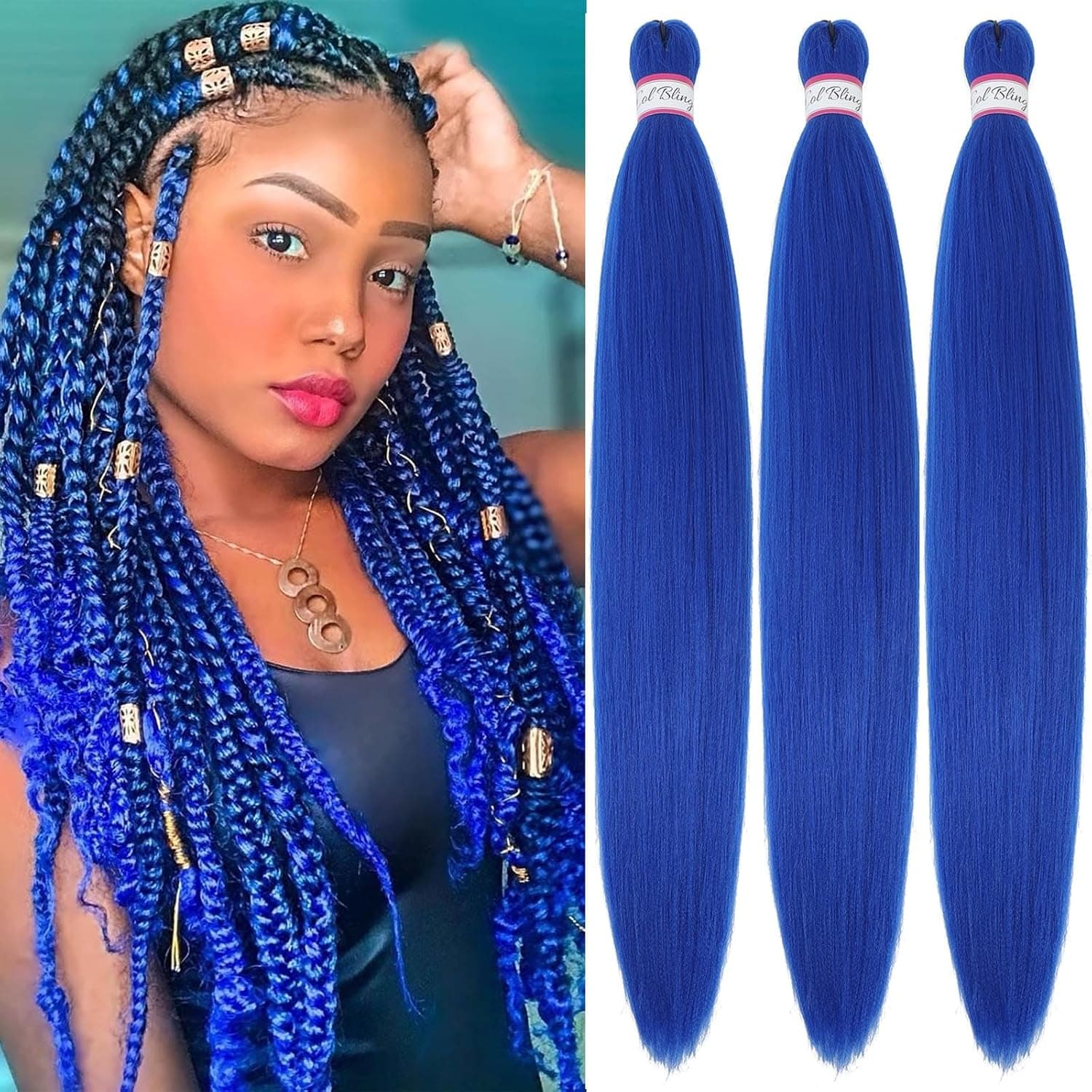 Col Bling Blue Braiding Hair Pre Stretched, 28 Inch Long Braid Hair Extensions for Women, Box Braids Hair Yaki Texture, Professional Synthetic, Softness, Knotless Easy to Install 28 Inch (Pack of 3) Blue - Image 2