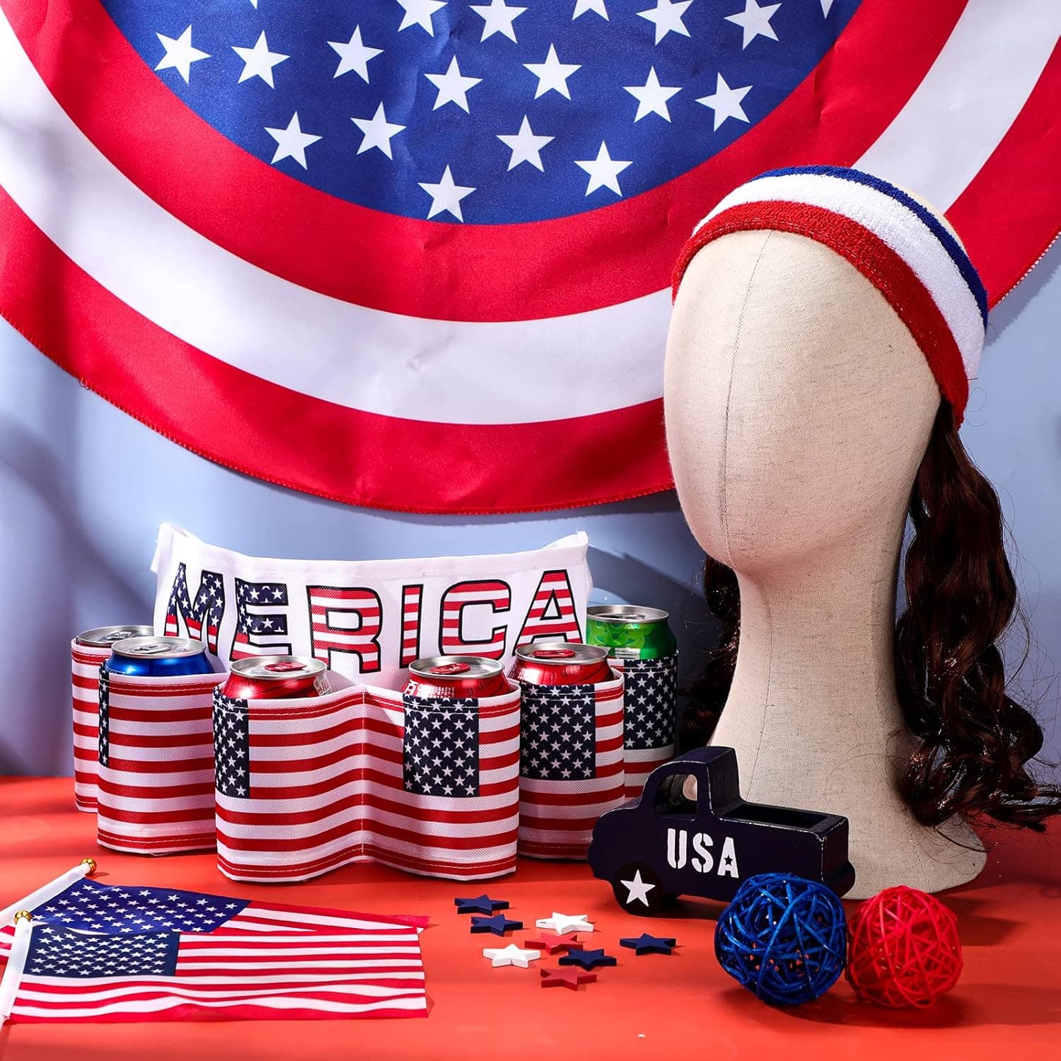 2 Pcs Halloween Costume America Beverage Beer Belt Holder and Mullet Wigs Headband 4th of July Patriotic USA Flag Beer Gift for Men Christmas - Image 5
