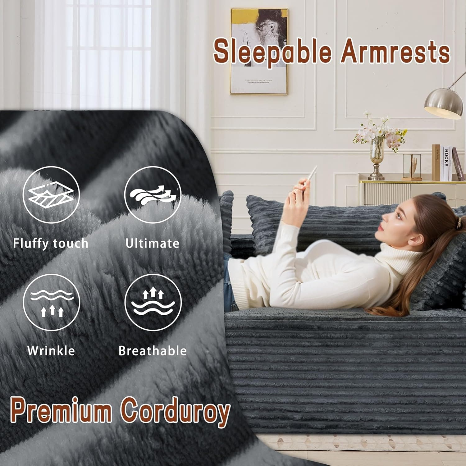 108" Sectional Couches for Living Room, Modular Sectional Sofa with L-Shape Chaise, Cloud Couch, Comfy Corduroy Fluffy Couch with Deep Seat and Side Pockets, No Assembly Required Charcoal Grey - Image 9