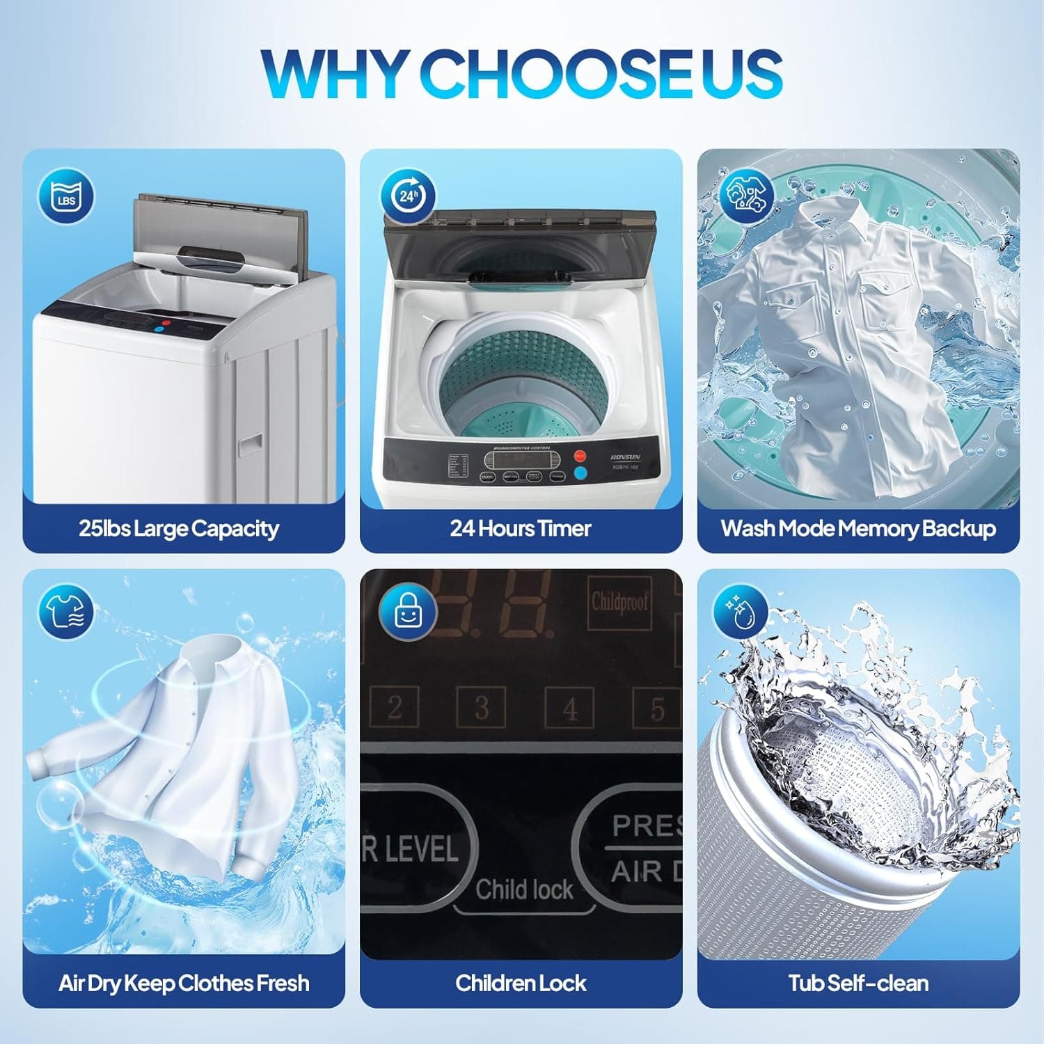 ROVSUN 25LBS Lavadora Portátil, Lavadora Eléctrica Automática Completa con Tambor de Acero Inoxidable, Combo de Lavadora Compacta y Secadora con Bomba de Drenaje para Hogar, Apartamento - Image 6