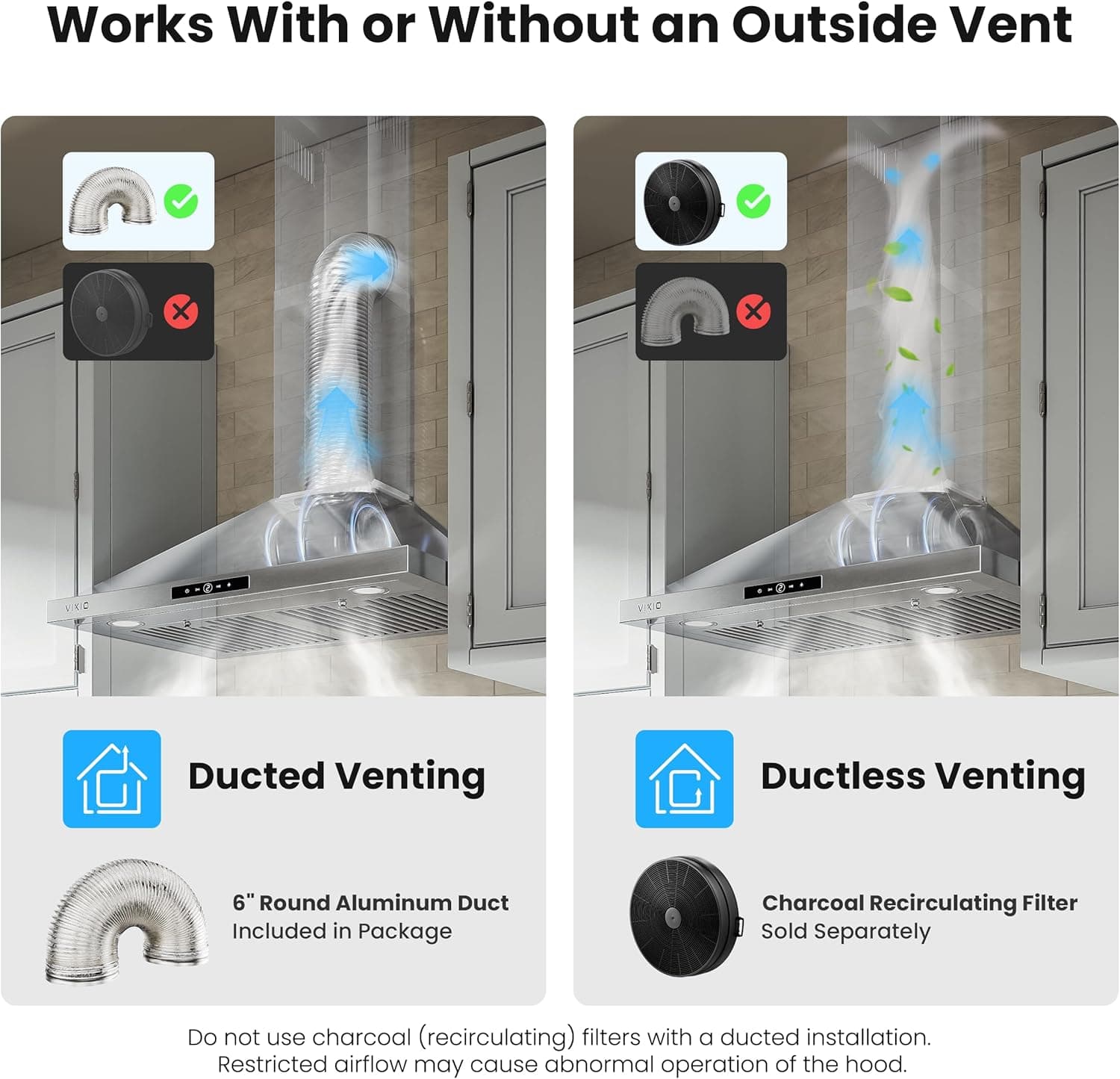 Wall Mount Range Hood 30 inch, 580 CFM, Ducted/Ductless Convertible, Stainless Steel Kitchen Vent Hood with 3-Speed Fan and LED Lights 30 inch Stainless steel(RP10) - Image 6