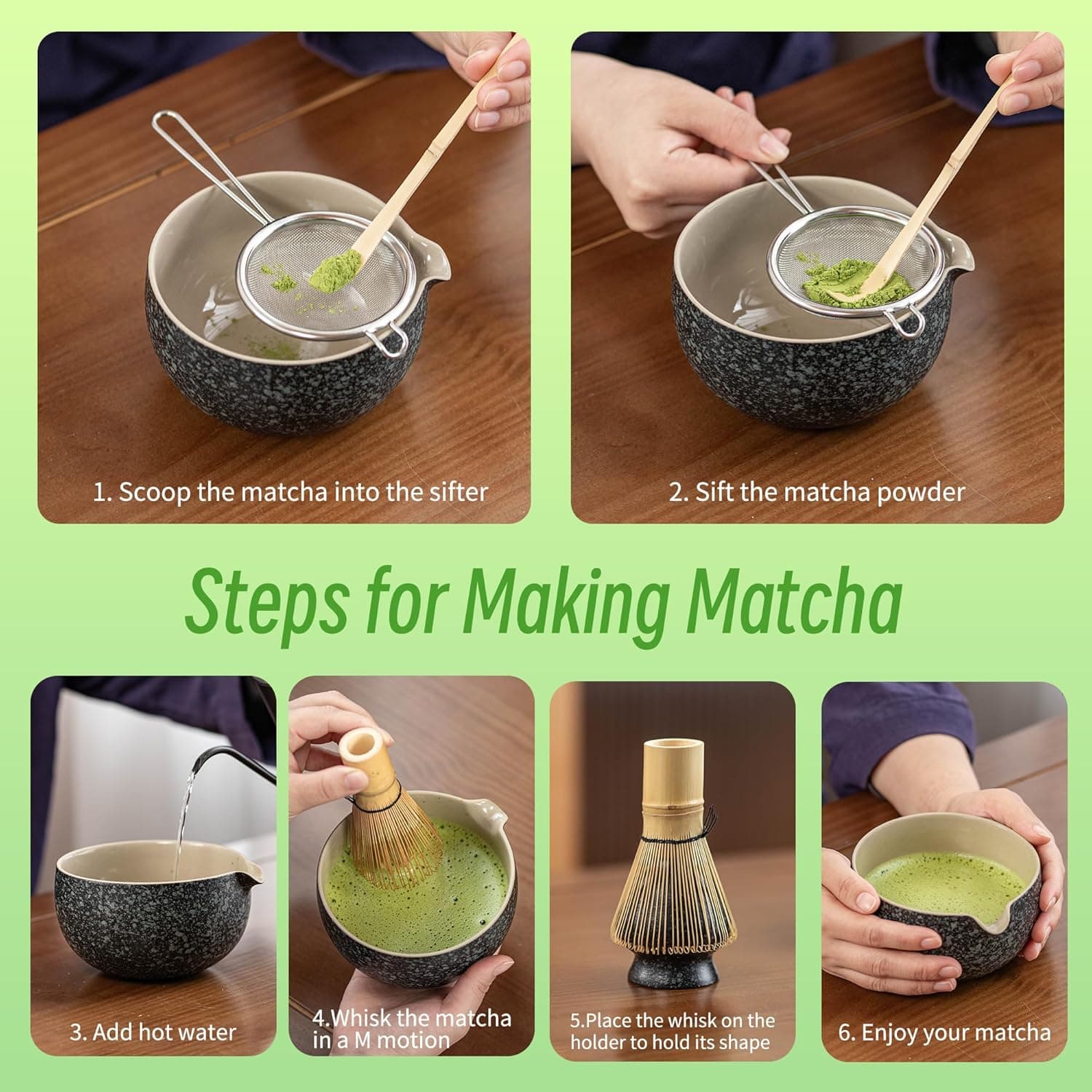 TEANAGOO Matcha Whisk Set Black,7 Pcs Matcha Set,Matcha Kit for Ceremony,Tradition Tea Set for Making Breakfast/Latte,Matcha Whisk Set with Bowl(Chawan)/Whisk and Holder,Gift for Family/Friend Charcoal Black 1 7pcs/set, Bowl with pouring spout - Image 5