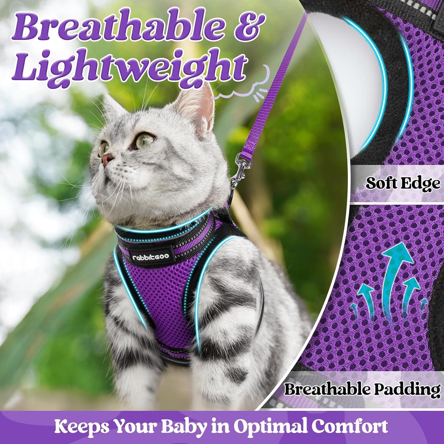 rabbitgoo Cat Harness and Leash Set for Walking Escape Proof, Adjustable Soft Kittens Vest with Reflective Strip for Cats, Comfortable Outdoor Vest, Purple, S Small Purple - Image 5