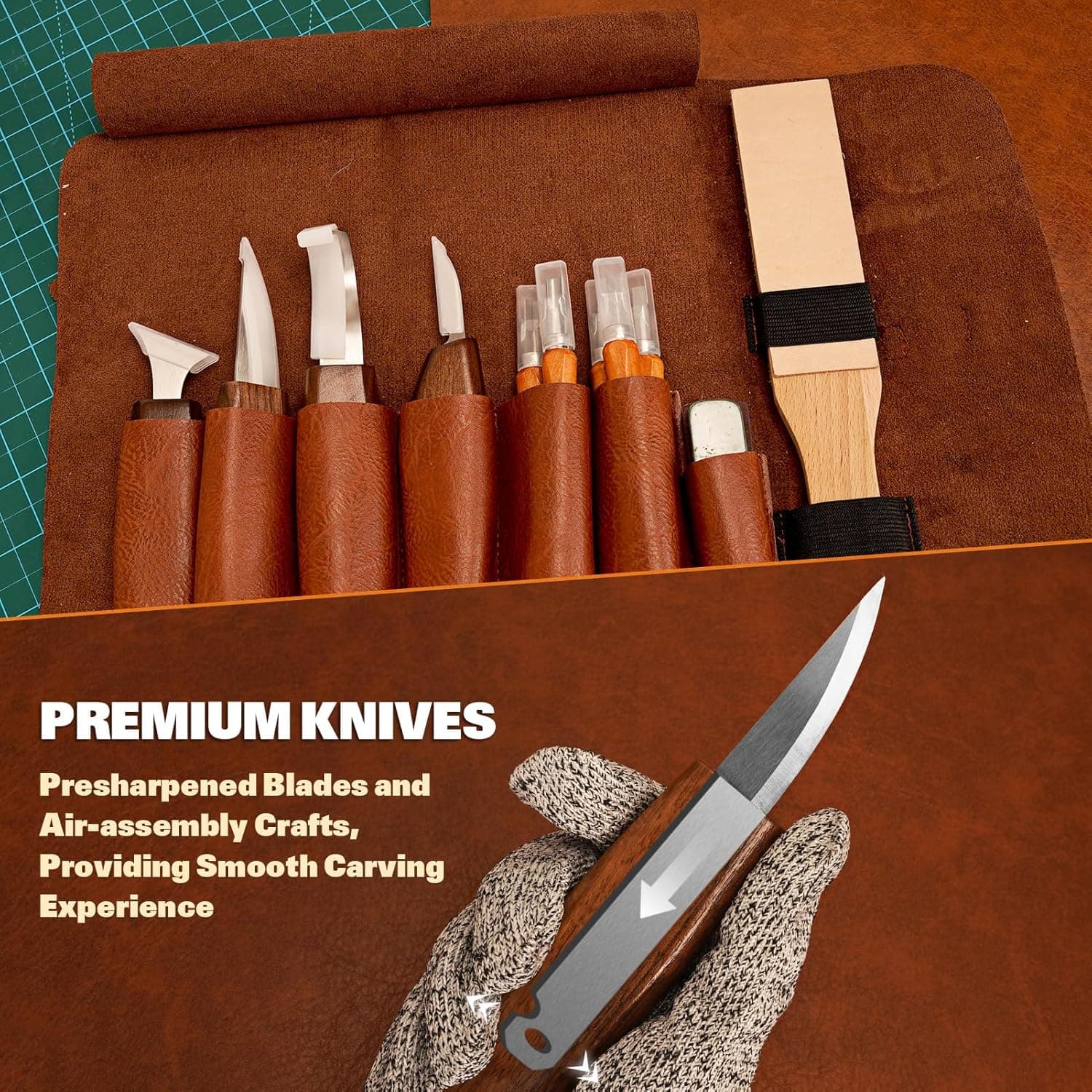 Wood Carving Kit, 32Pcs Wood Carving Tools with PU Storage Bag, Wood Whittling Knife Kit with 4pcs Templates & 11pcs Wood Carving Knives for Wood DIY Beginners - Image 6