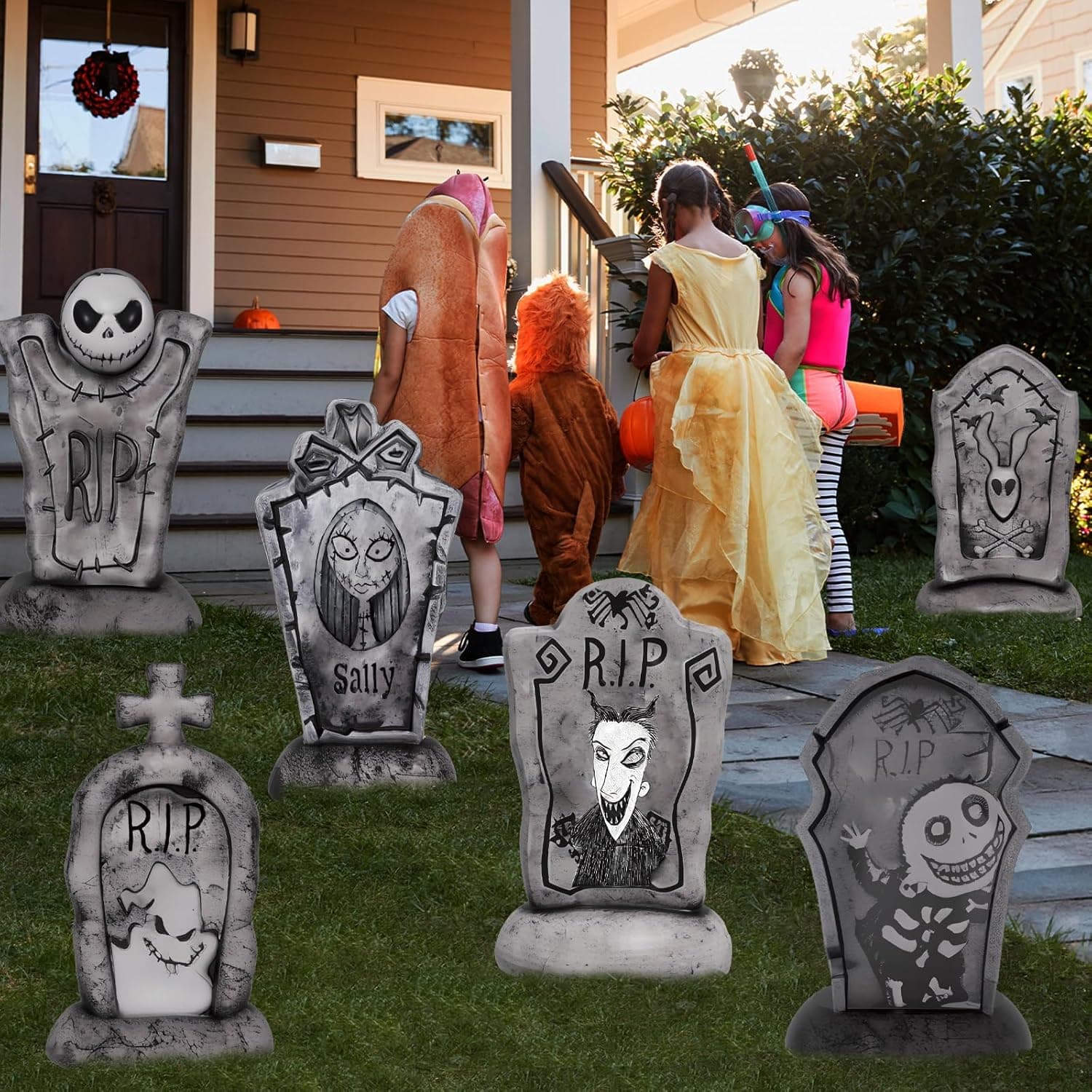 17 Inch Halloween Yard Signs Tombstones for Graves Decor Set with Stakes. Nightmare Before Christmas Inspired, Halloween Gravestones Outdoor Decorations Scary Decoration Displays for Party - Image 5