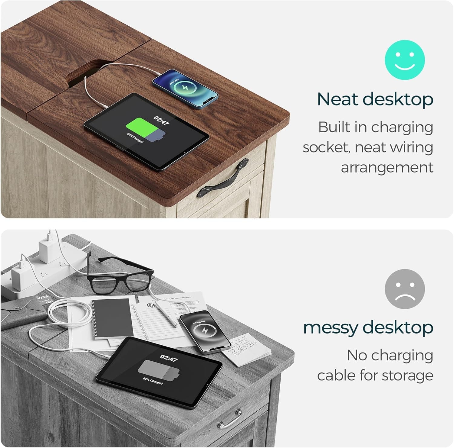 LINSY HOME Farmhouse End Table with Charging Station, Narrow Side Table for Living Room, Sofa Side Table with Drawer and Storage Cabinet, Small Nightstand for Home Office Wood Door Washed Grey and Brown 1 - Image 6