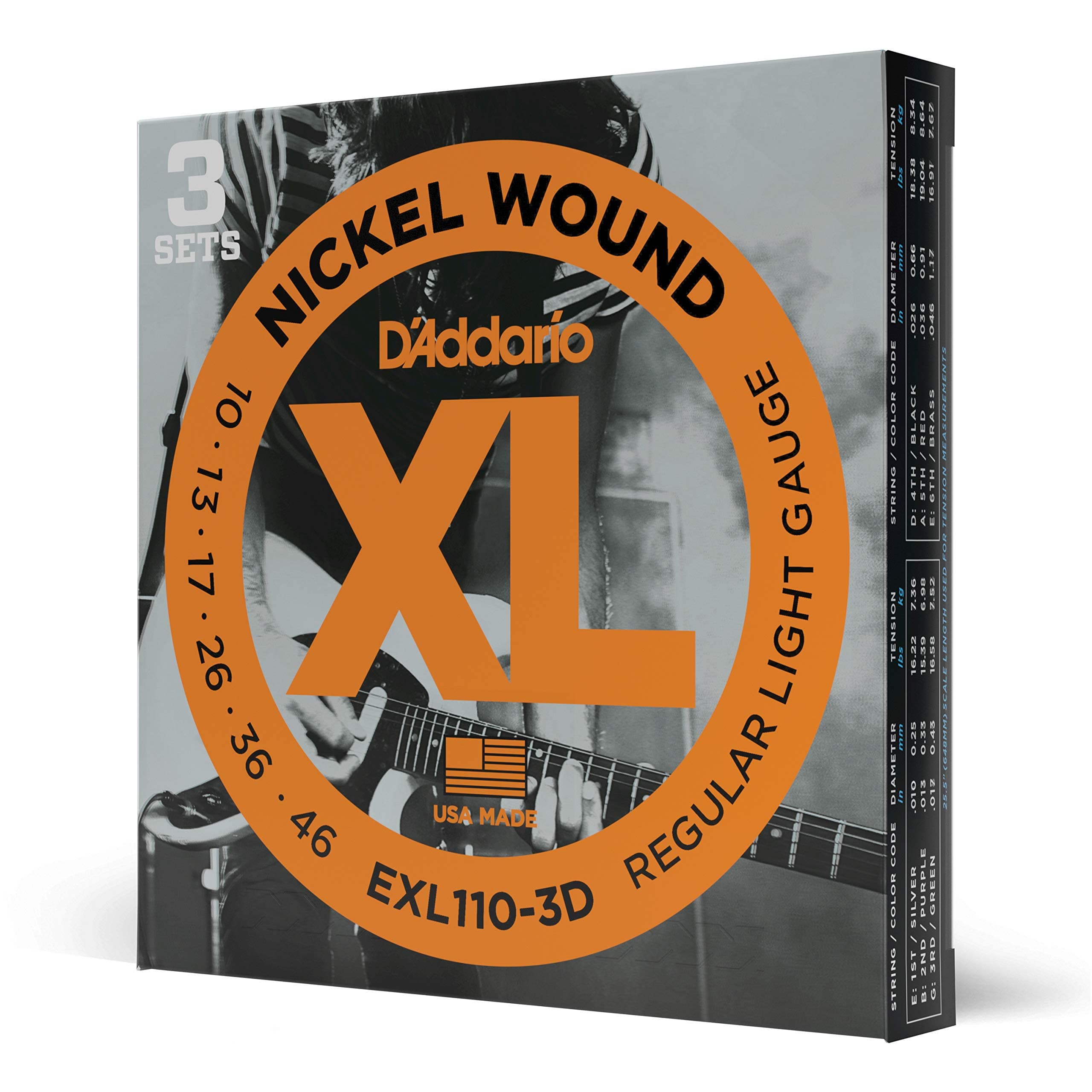 D'Addario Electric Guitar Strings, XL Nickel, EXL110-3D, Regular Light Gauge 10-46, 6-String Set, Pack of 3 Regular Light, 10-46 3-Pack