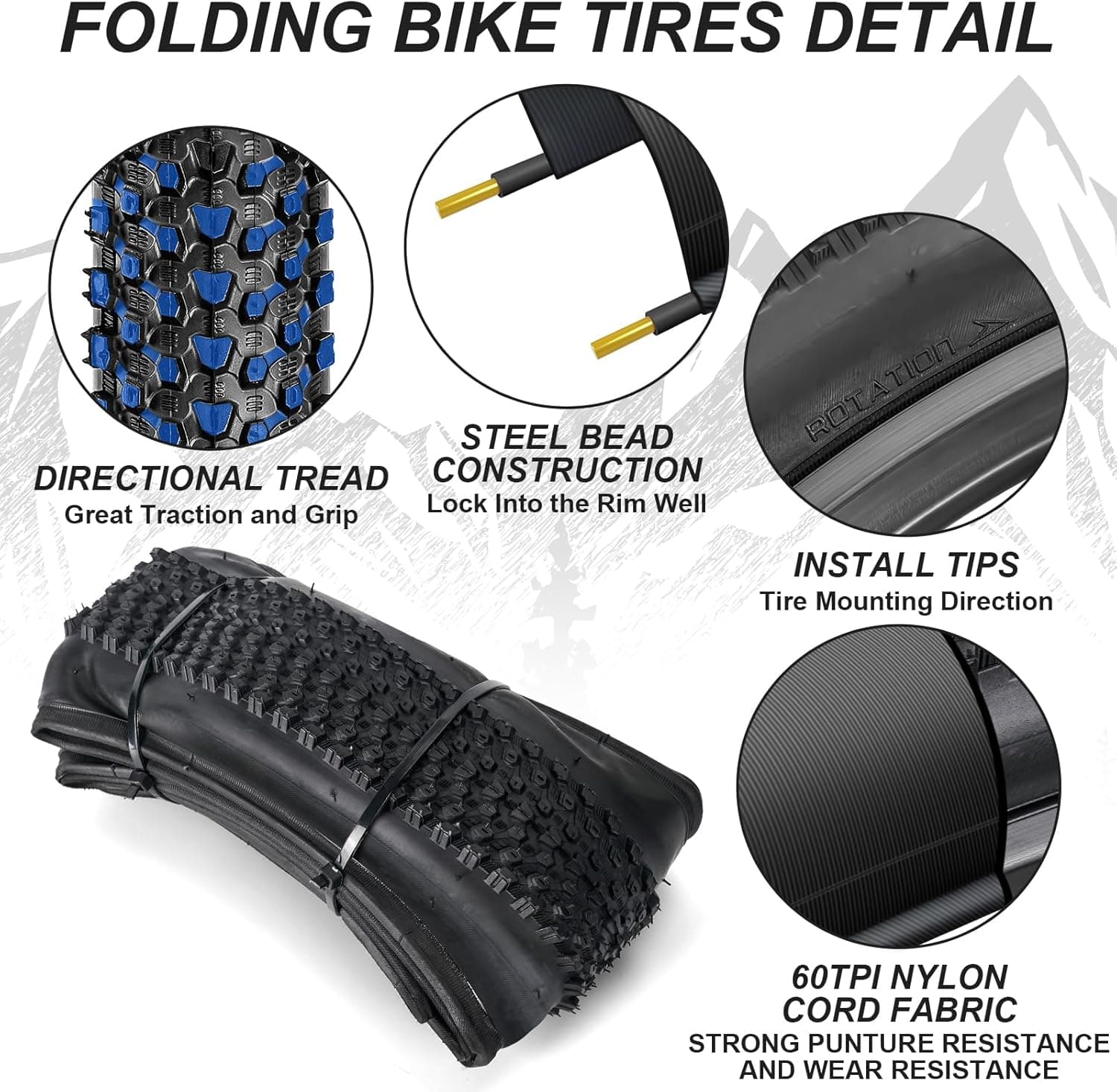 Hapleby 2PCS Premium Folding Bike Tires 26x1.95 Inch (50-559mm), Replacement Mountain Bike Tires 60 TPI Puncture-Resistant, Came with 2PCS Tire levers - Image 3