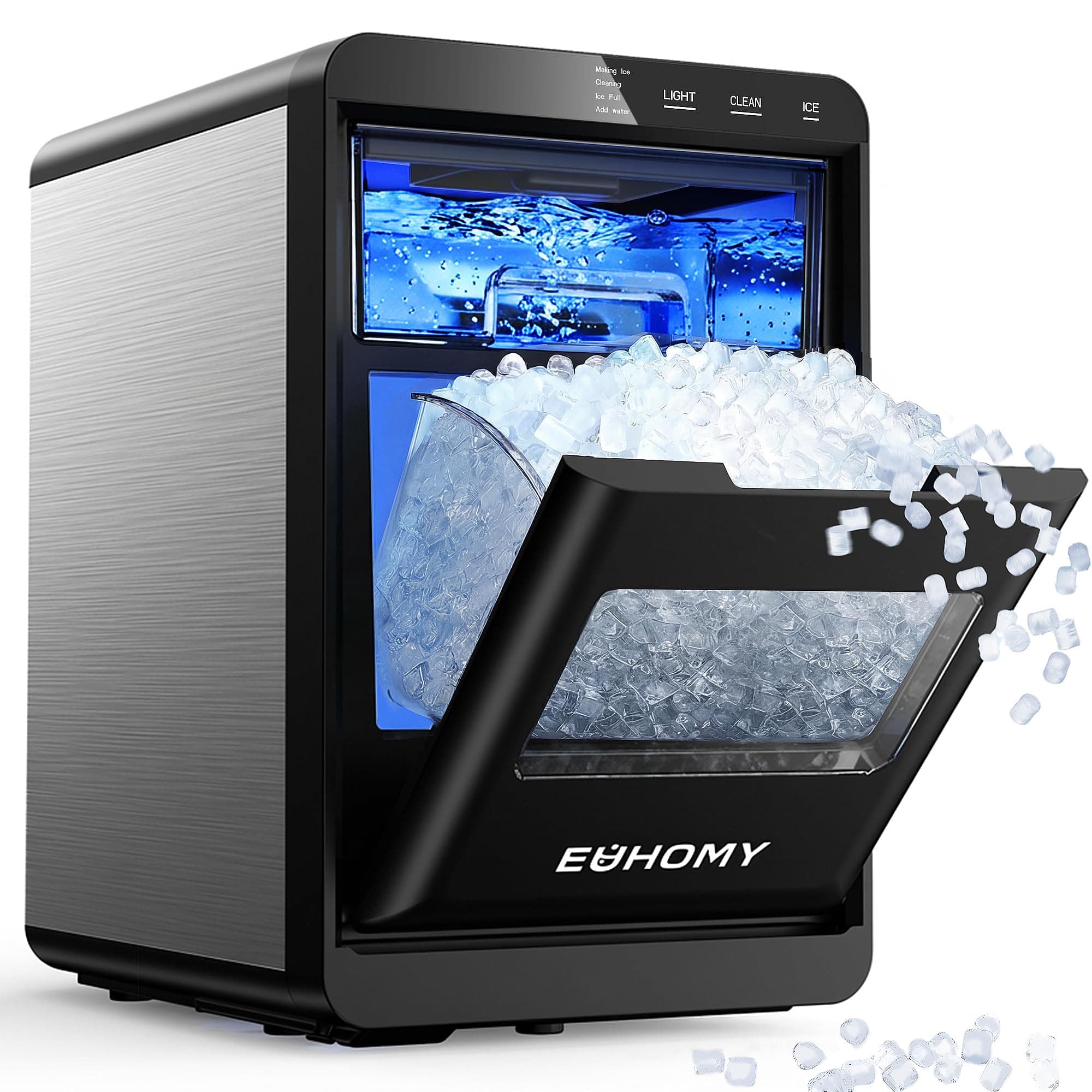 EUHOMY Máquina de Hielo en Nugget de Encimera, 40Lbs/24H Máquina de Hielo en Pebbles, Máquinas de Hielo Sónicas de Encimera con Cucharón y Canasta, Máquina de Hielo en Pellets para Hogar/Cocina/Oficina Negra 40LBS/Día