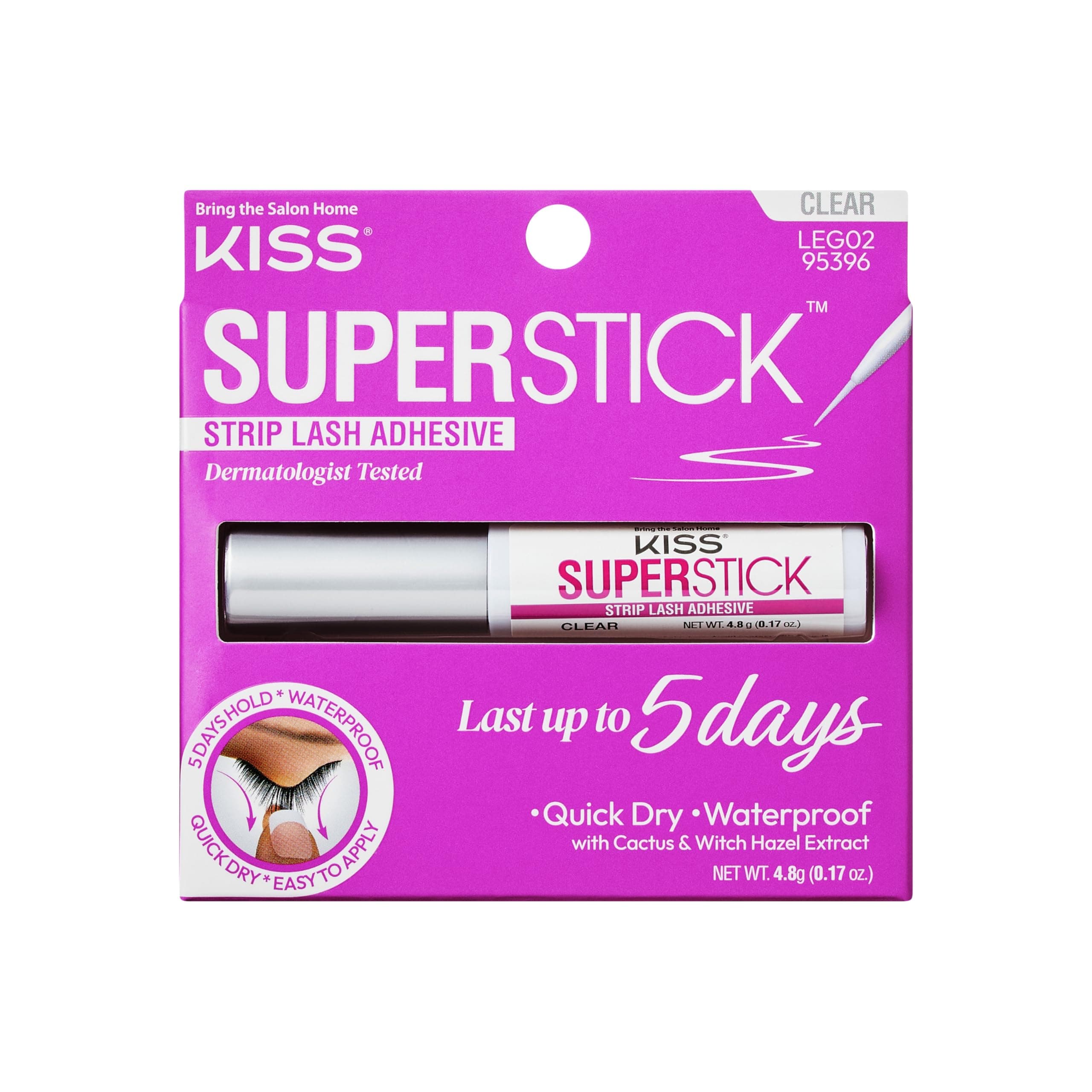 KISS SuperStick 5-Day Extended Wear Strip Lash Adhesive, Quick Drying Lash Glue, Witch Hazel & Cactus Extract Infused, Brush Applicator, Net Wt. 4.8g (0.17 oz.), Clear