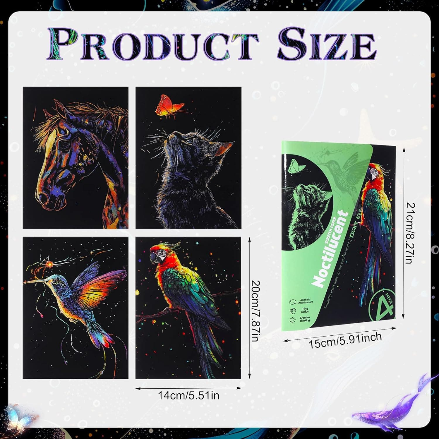 8 Pack Glow in The Dark Scratch Art for Adult Rainbow Painting Paper Sheet with Pen/Cleaning Brush Noctilucent Engraving Scratchboard for Adults Gift Craft for Gift, Stress Relief Animal - Image 4