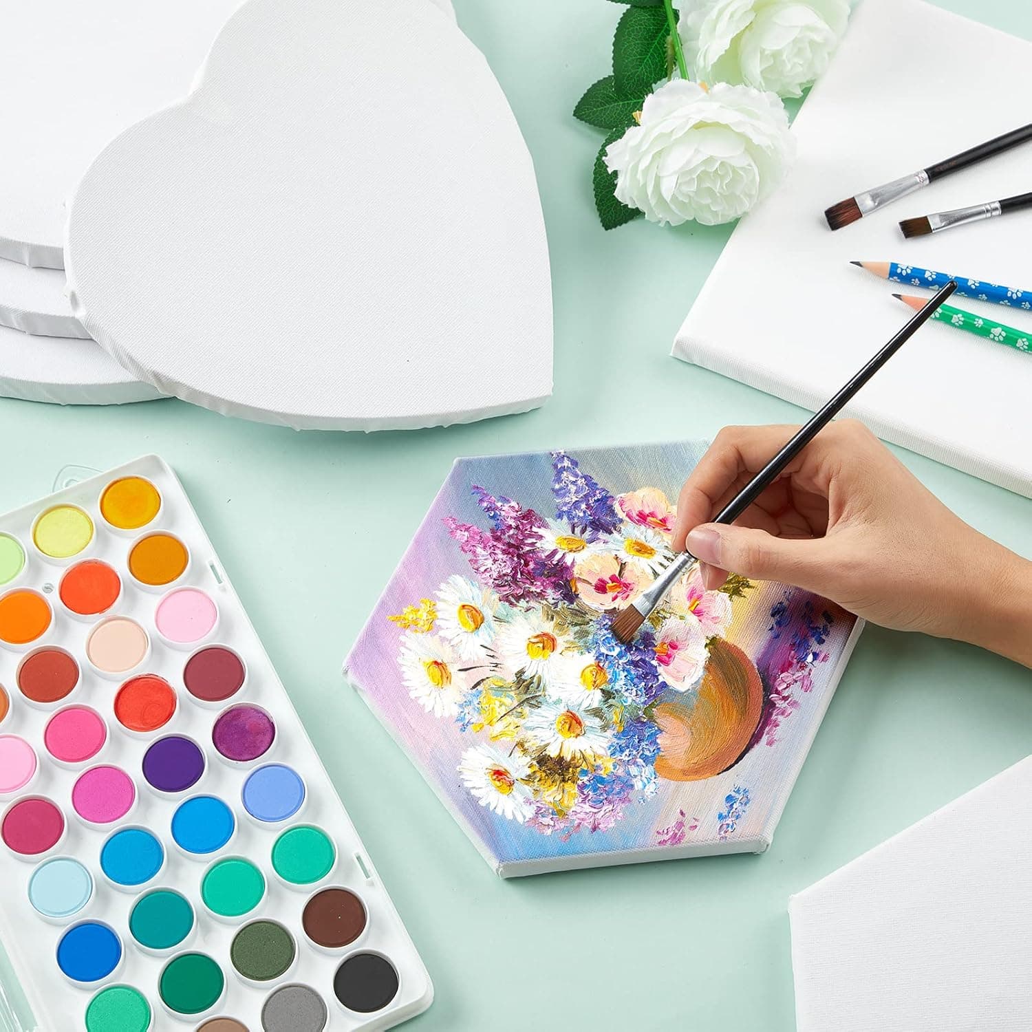 Thenshop 24 Pieces Stretched Canvas for Painting Bulk Blank Canvas Board, Square Round Hexagon Heart Shaped Frame for Kids Art Supplies for Acrylic Pouring Oil Painting(Assorted Shapes) - Image 6