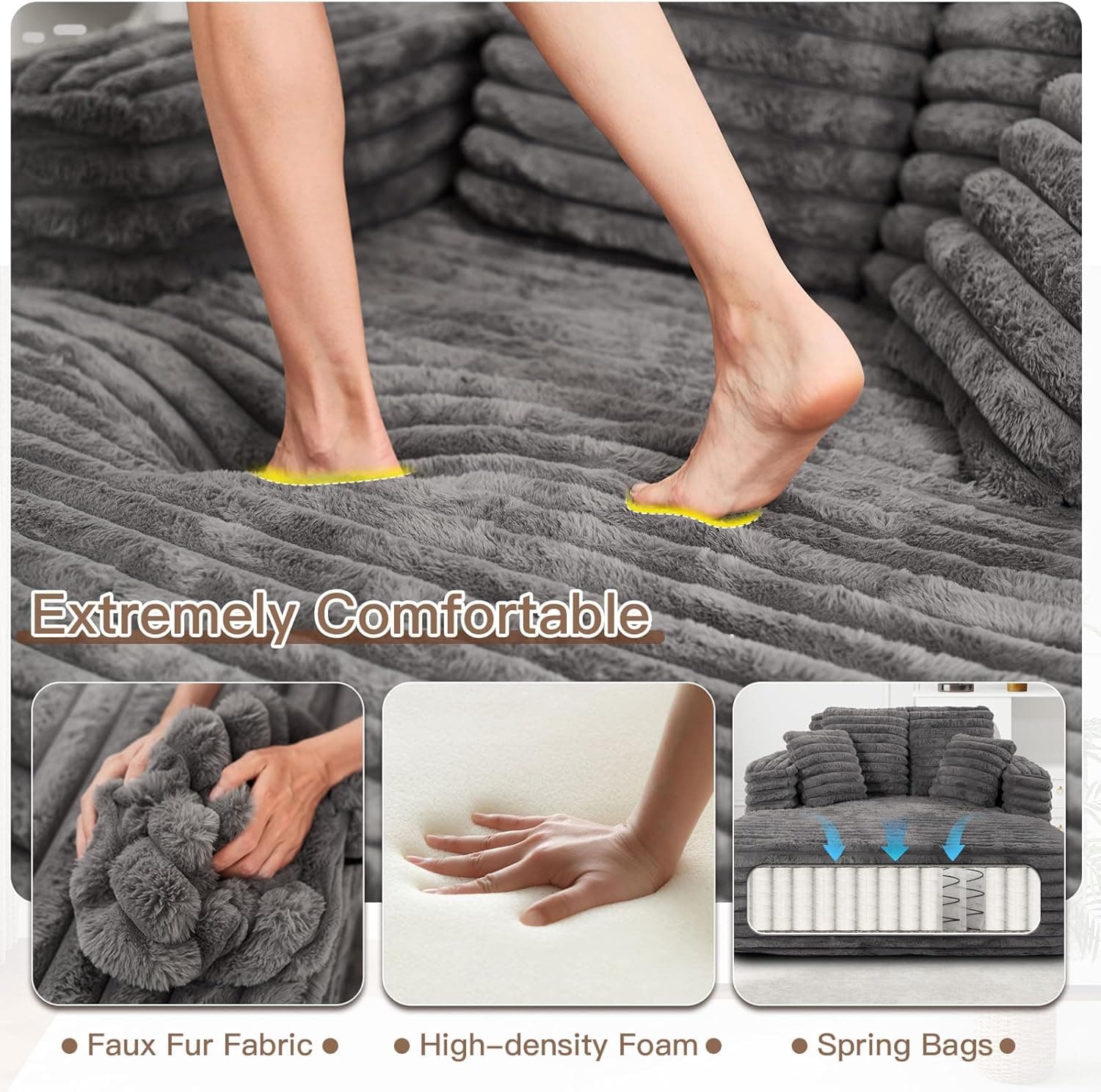 56"W Oversized Chaise Lounge Chair Indoor,Plush Faux Fur Sleeper Sofa Couch Bed with Pillows&Wide Armrest,Fluffy Comfy Cloud Sofa,Compression Foam Boneless Couch for Living Room,Bedroom(Grey) - Image 4