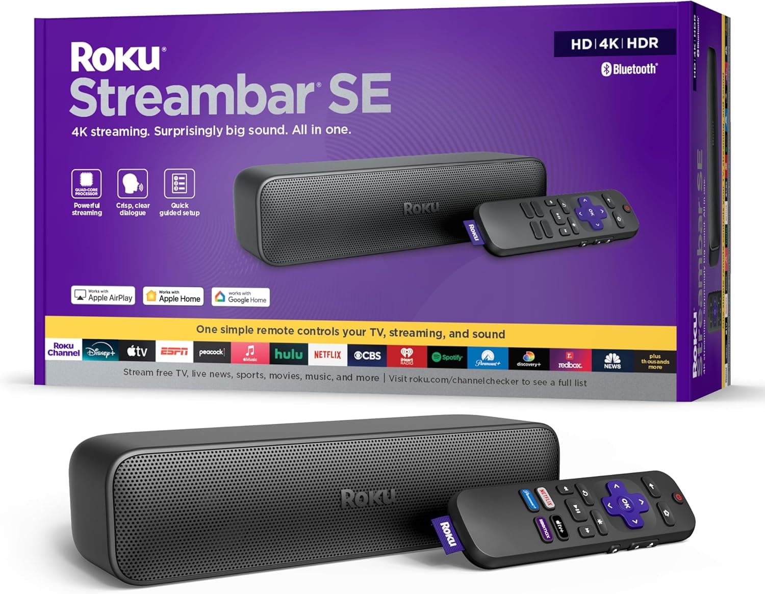 Roku Streambar SE | 2-in-1 TV Soundbar with Built-in 4K/HD/HDR Streaming, Premium Speakers, & Enhanced Speech Clarity for Crisp, Clear Dialogue - Quick Guided Simple Setup without Wireless Bass - Image 2