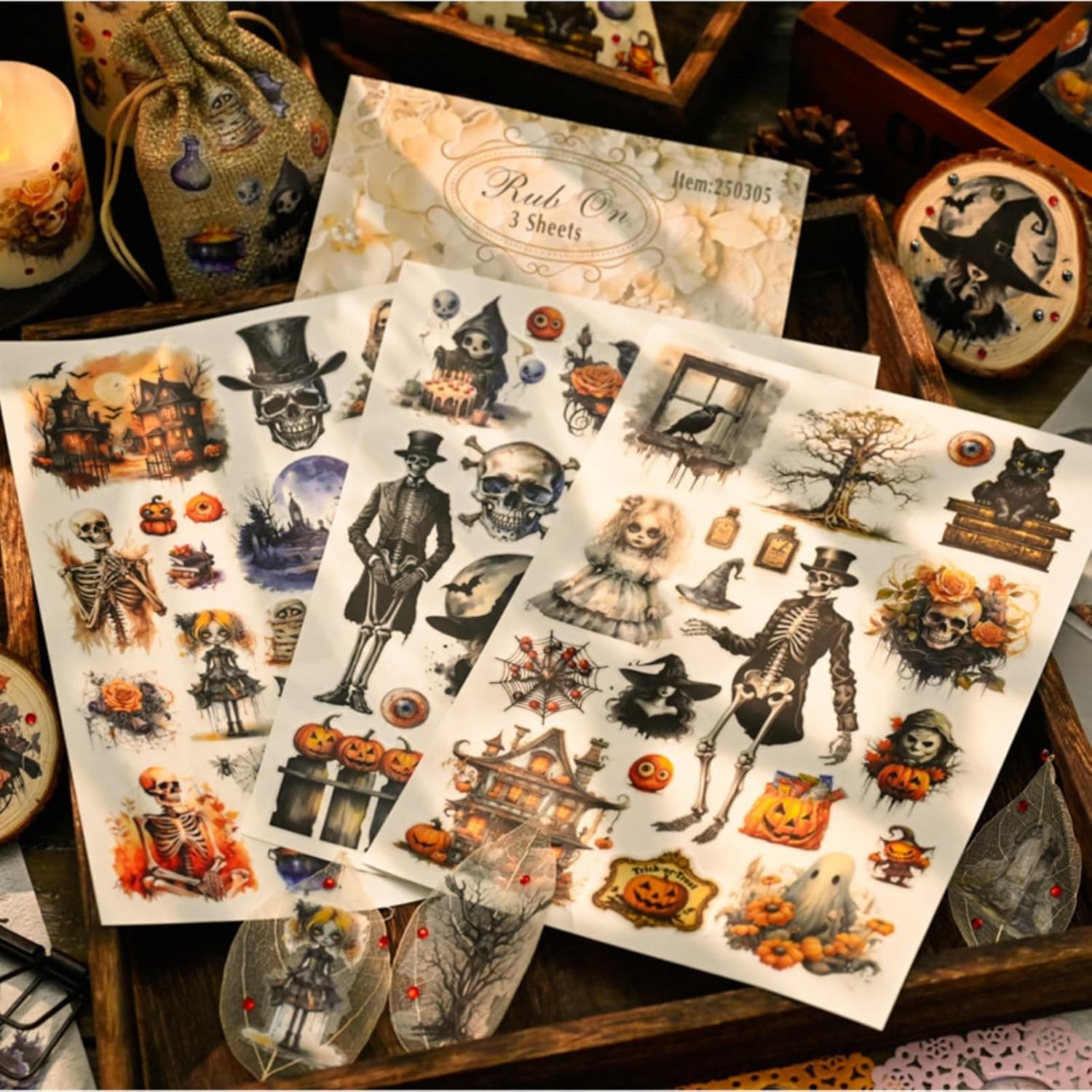 Vintage Rub On Transfer Stickers Scrapbooking Stickers Junk Journal Supplies, 3 Sheets, Gothic Designs with Skeletons, Pumpkins and Haunted Houses - Image 3