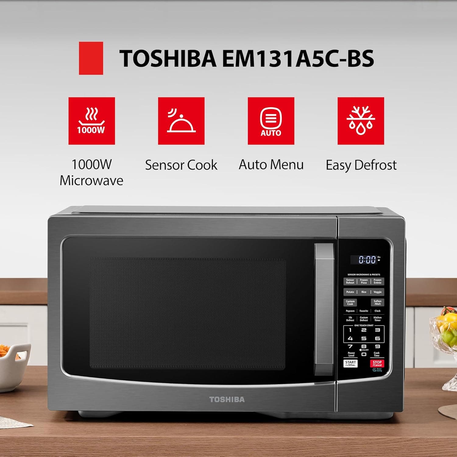 TOSHIBA EM131A5C-BS Countertop Microwave Ovens 1.2 Cu Ft, 12.4" Removable Turntable Smart Humidity Sensor 12 Auto Menus Mute Function ECO Mode Easy Clean Interior Black Color 1000W 1.2 Cu.Ft.-Black - Image 3