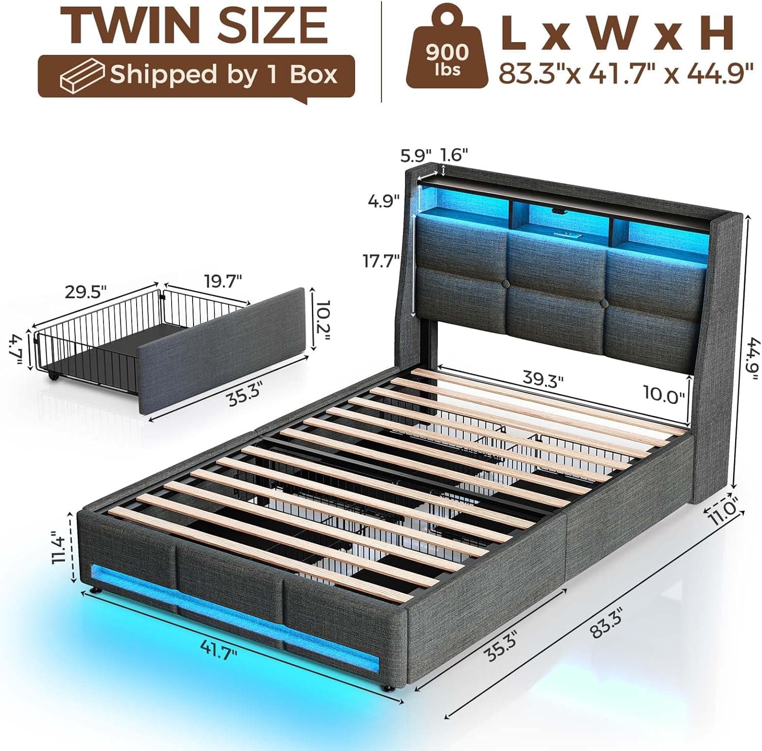 Rolanstar Twin Size Bed Frame with LED Lights and Charging Station, Upholstered Bed Storage Headboard & Drawers, Heavy Duty Wood Slats, Easy Assembly Grey Twin - Image 3