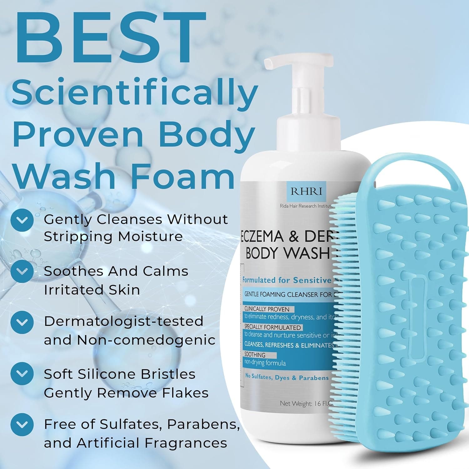 Eczema Body Wash Sensitive Skin | Eczema Treatment | Foaming Cleanser For Eczema Prone Skin | Soothes Dryness & Itching, Gentle On Eczema & Dermatitis, Sulfate-Free With Free Scrubber Brush Foam (Sensitive Skin) - Image 4
