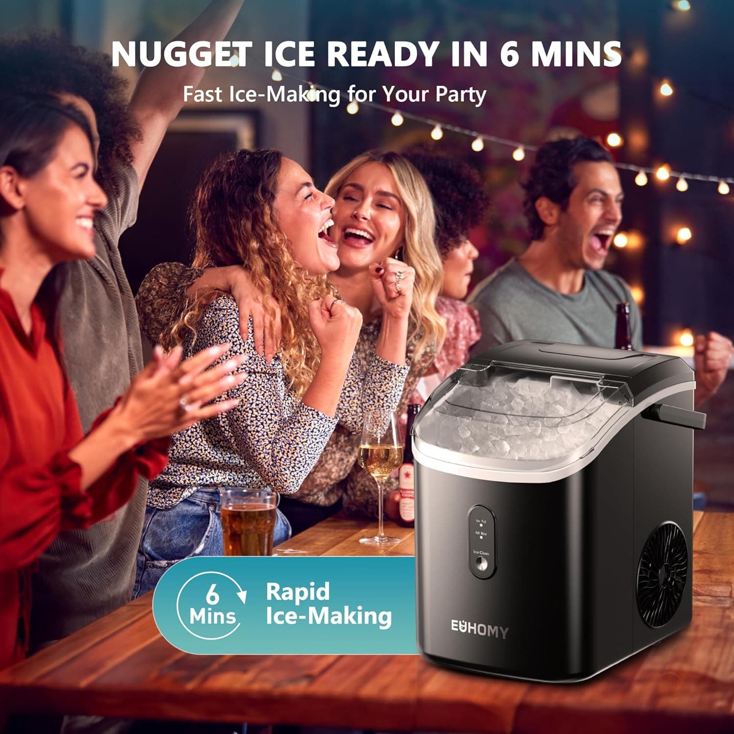 EUHOMY Nugget Ice Maker Countertop with Handle, Ready in 6 Mins, 34lbs Per Day, Removable Top Cover, Auto-Cleaning, Portable Sonic Ice Maker with Basket and Scoop, for Home/Party/RV/Camping (Black) - Image 4