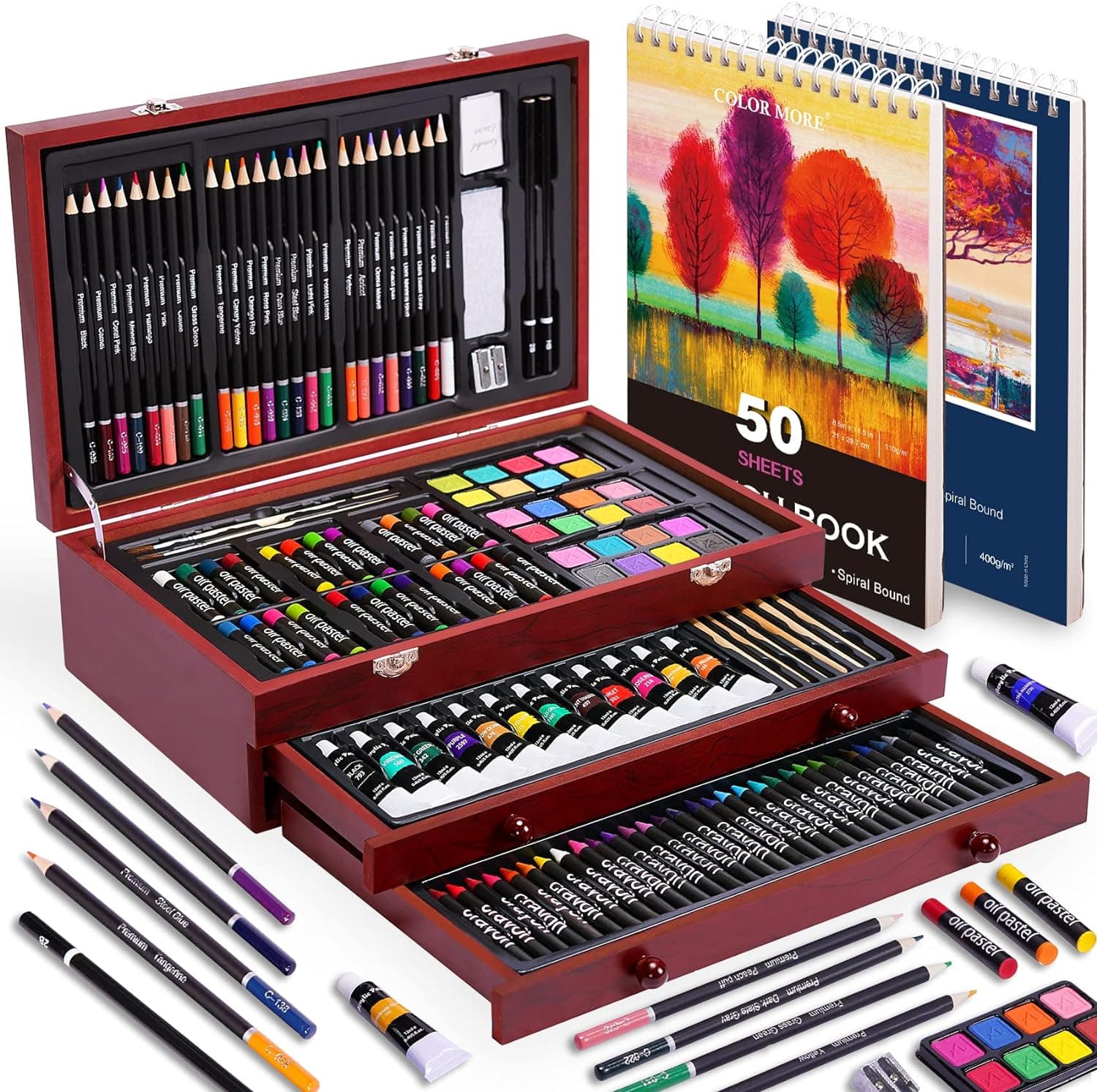 Color More 175 Piece Deluxe Art Set with 2 Drawing Pads, Acrylic Paints, Crayons, Colored Pencils, Paint Set in Wooden Case, Professional Art Kit, Art Supplies for Adults, Teens and Artist, WoodMuse Plus Cherry - Image 2