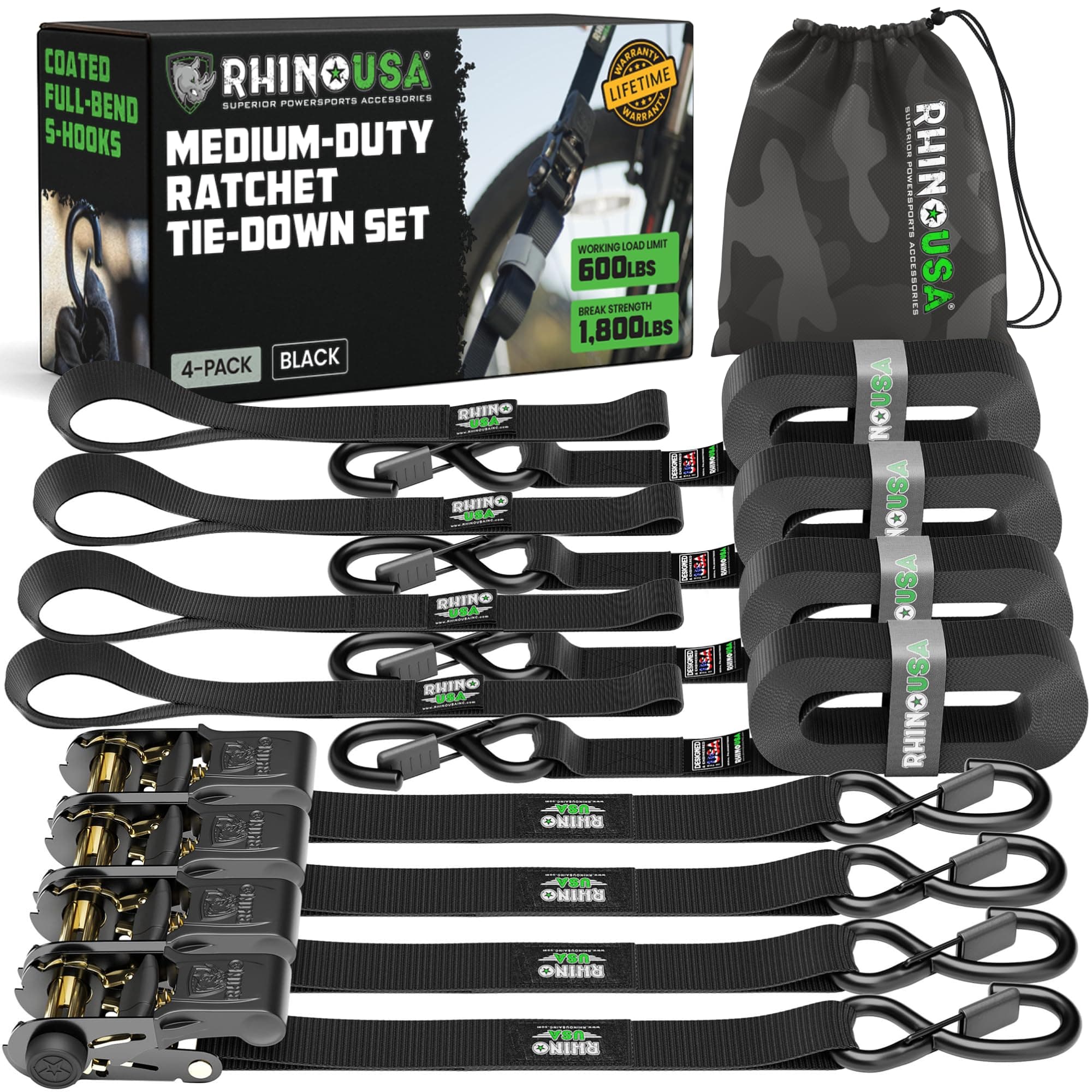 Rhino USA Ratchet Straps Tie Downs (4-Pack) - 1 Inch x 15 Feet (1,823lb Break Strength) - Ultimate Tie Down Straps with Safety S Hooks - for Trucks, Cargo, Moving, Appliances - Black
