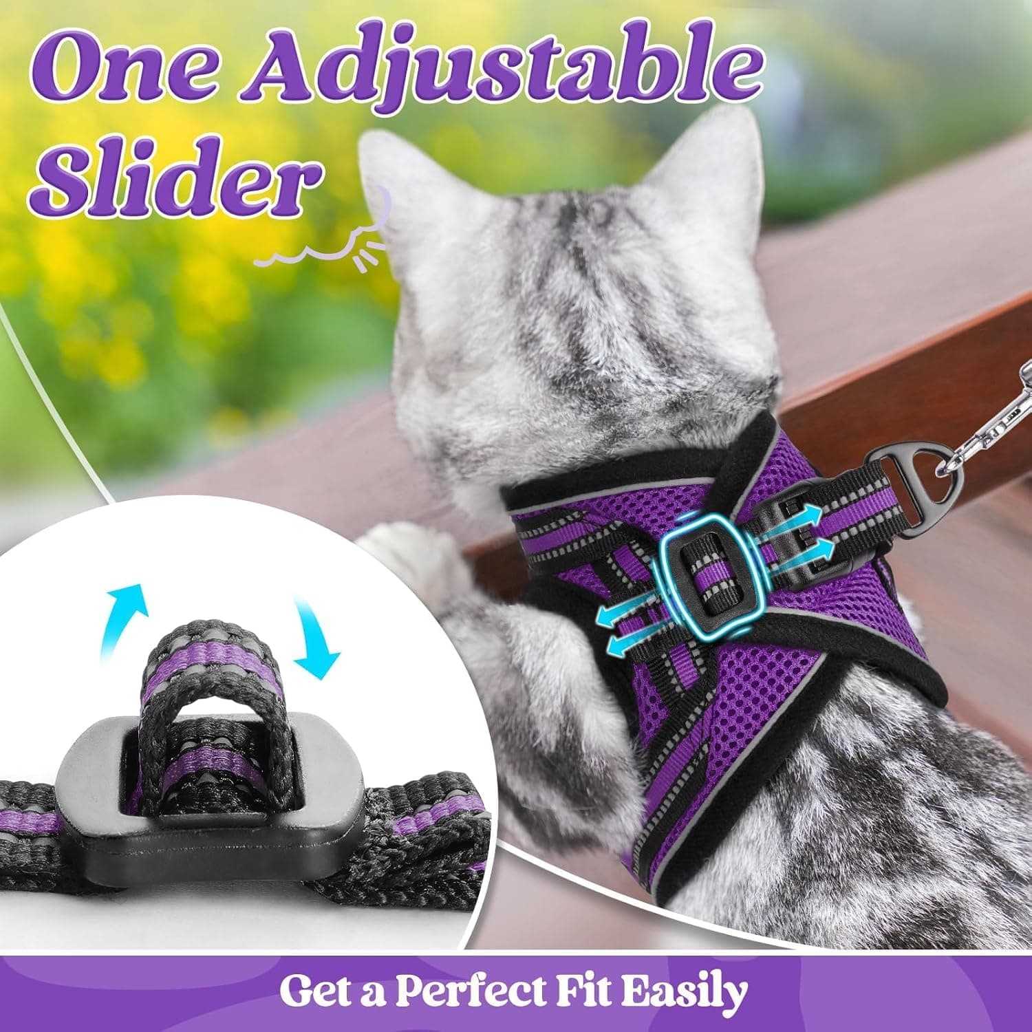 Conjunto de Arnés y Correa rabbitgoo para Gatos, a Prueba de Escape, Chaleco Suave Ajustable para Gatitos con Banda Reflectante, Chaleco Cómodo para Exterior, Morado, S Pequeño Morado - Image 7