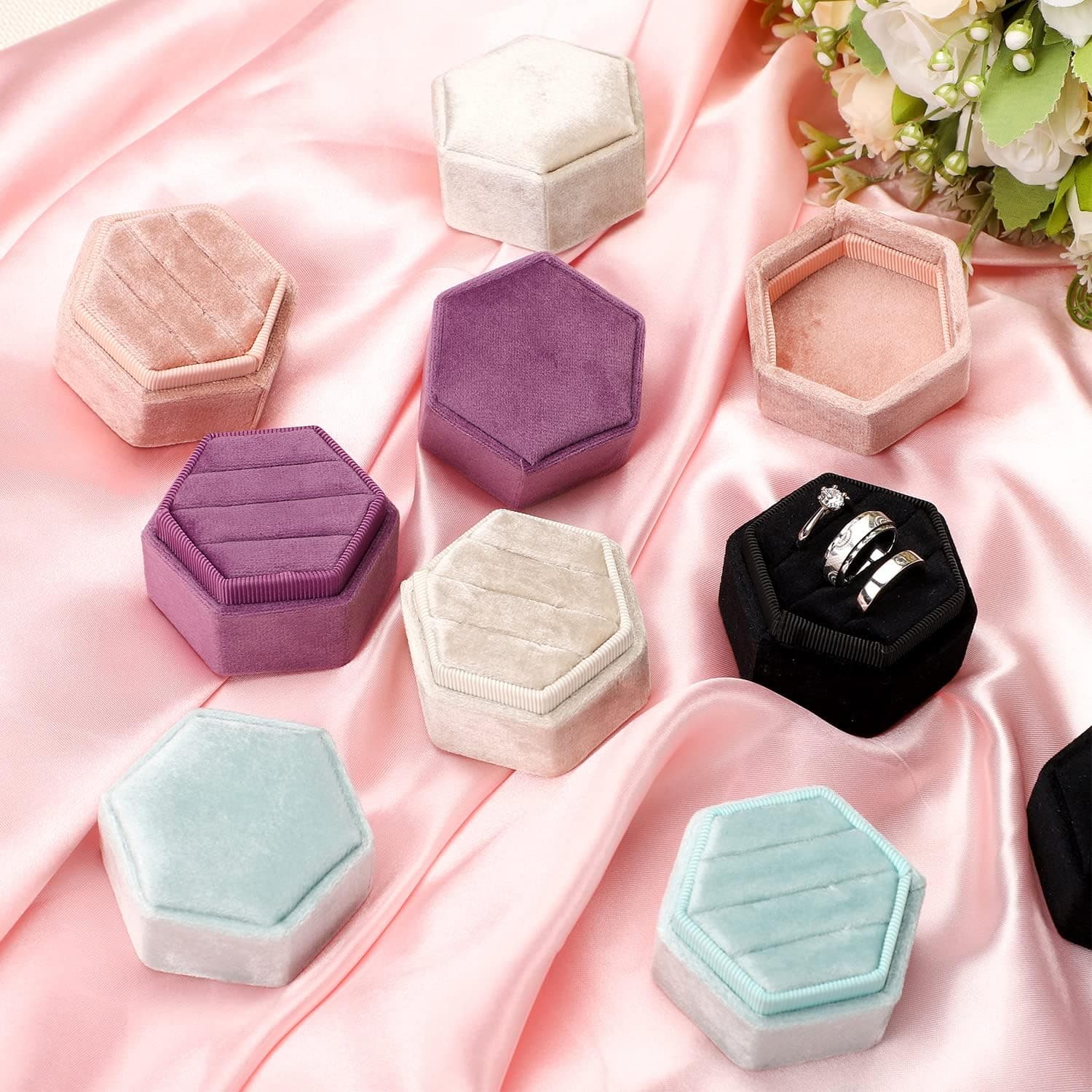 WantGor Velvet Jewelry Ring Box, 3 Slots Hexagon Ring Gift Box Vintage Ring Display Holder Case for Wedding Ceremony Proposal Engagement (Beige, 3 Slots) 3 Slots Beige - Image 9