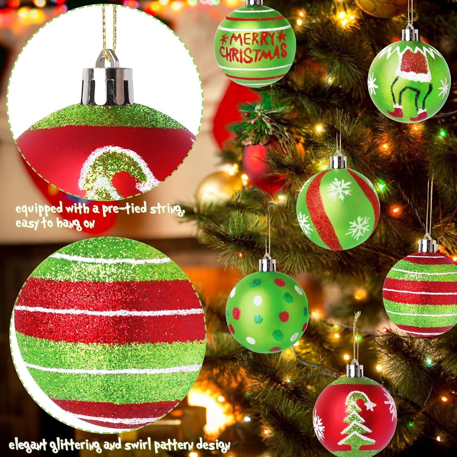 12 Pcs 2.4 Inch Christmas Ball Ornaments for Tree,Red and Green Glittering Hanging Bulbs Pendants for Christmas Tree Decorations - Image 4