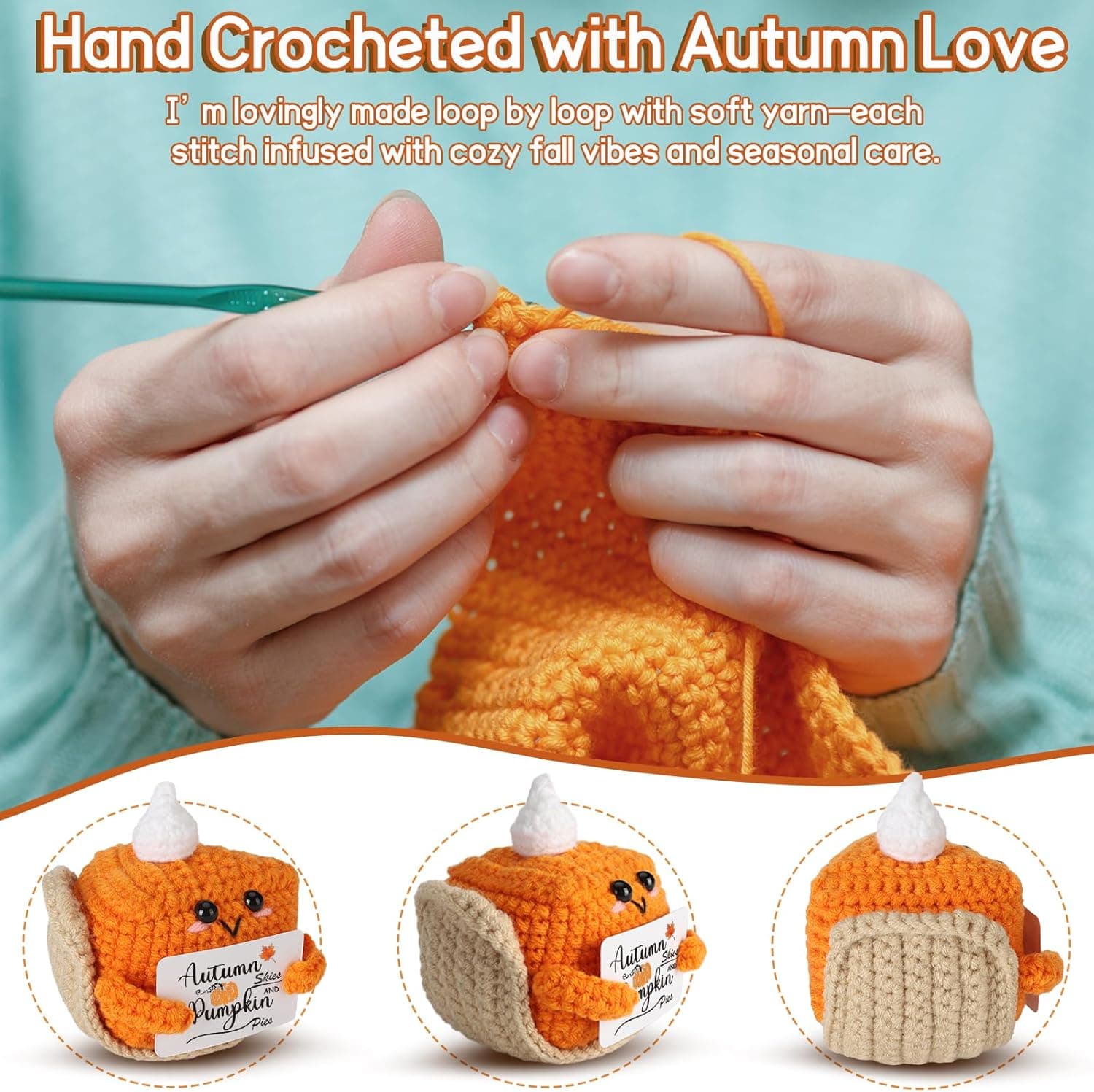 Thanksgiving Fall Decor Mini Pumpkin Pie Crochet Doll, Small Autumn Season Holiday Pumpkin Items Plush Gift, Cute Halloween Home Office Indoor Table Decoration, Christmas Stocking Stuffer Ornament Autumn Skies - Image 4