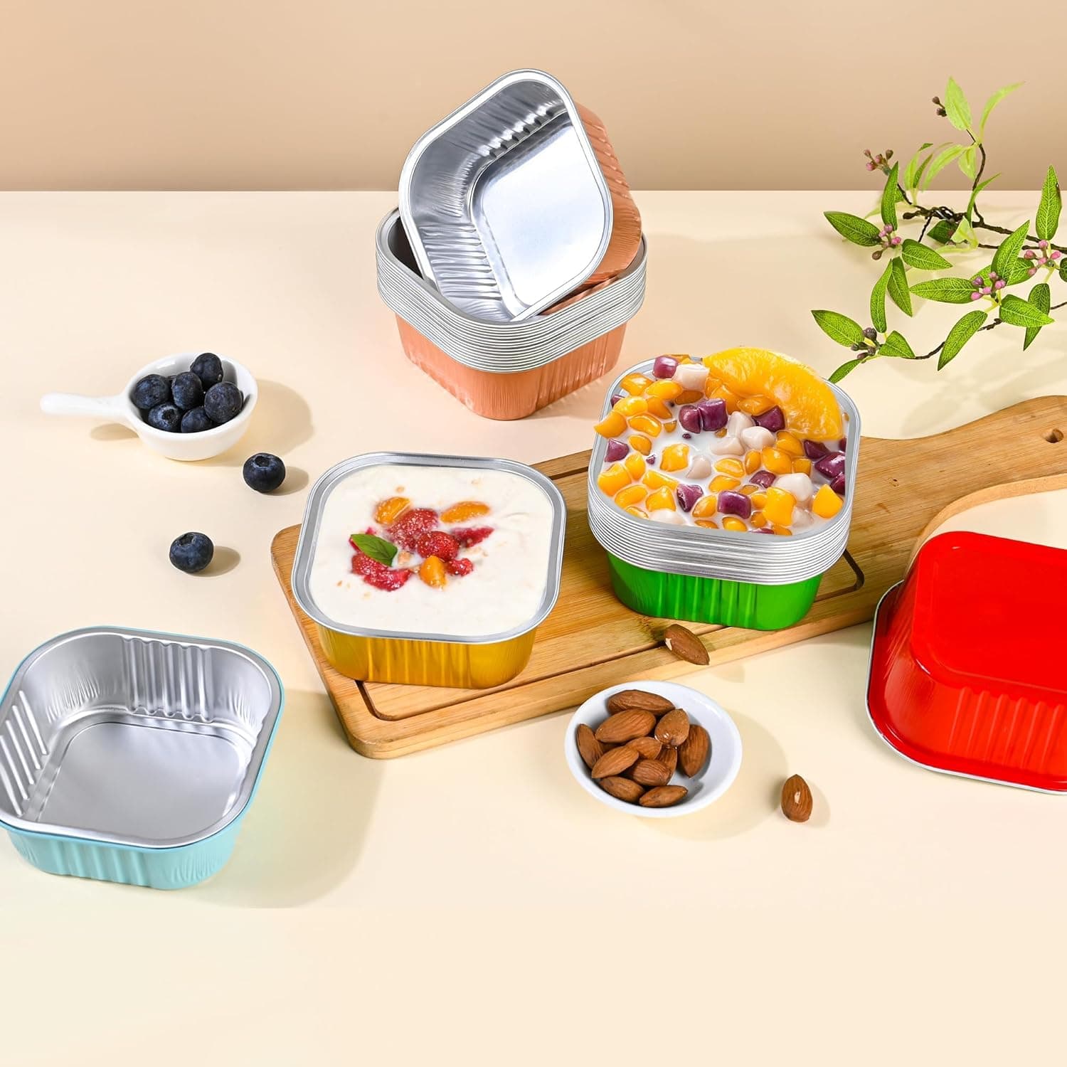 40 Pack Mini Cake Pans with Lids, 5oz Square Aluminum Foil Brownie Baking Cups, Muffin Tin Ramekins, Disposable Dessert Cupcake Cups for Wedding Birthday Party, Gold - Image 8