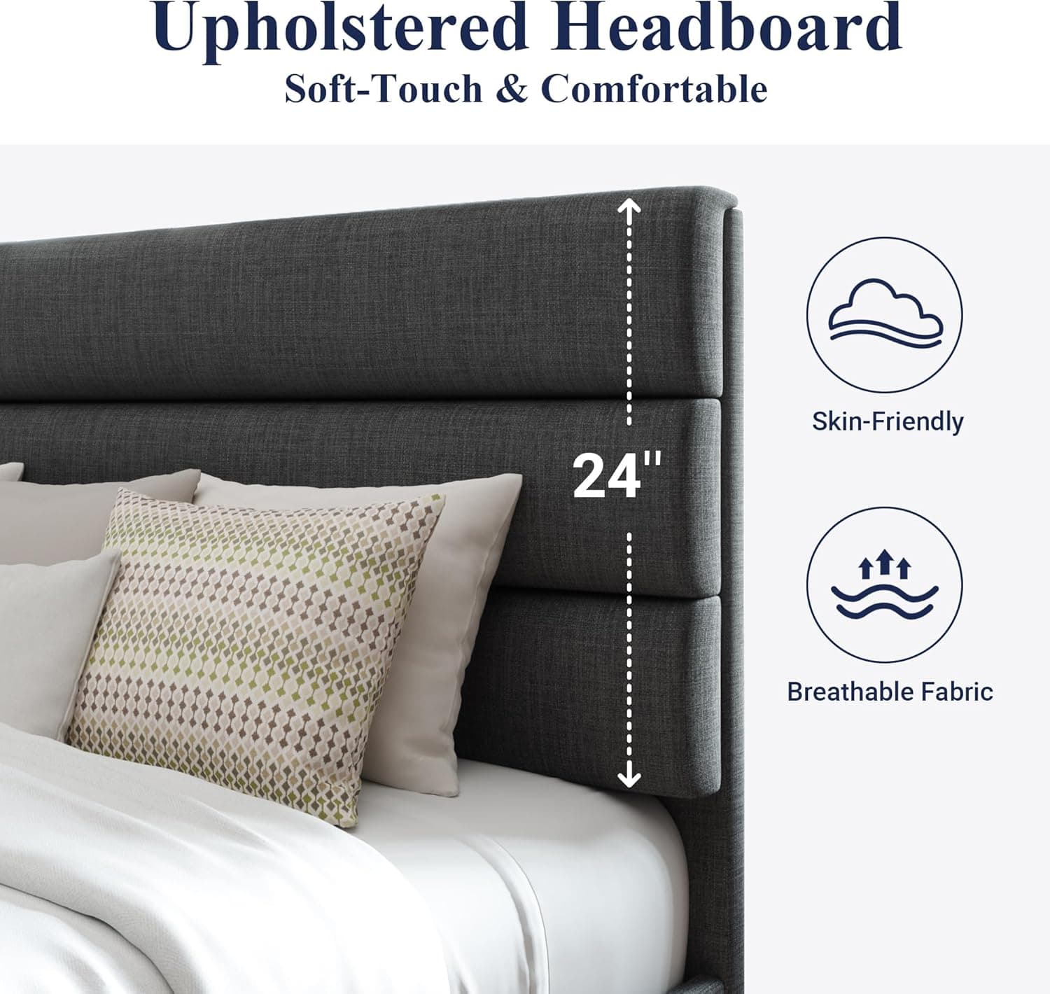 Allewie Queen Size Platform Bed Frame with Fabric Upholstered Headboard and Wooden Slats Support, Fully Upholstered Mattress Foundation/No Box Spring Needed/Easy Assembly, Dark Grey Dark Grey Queen - Image 5