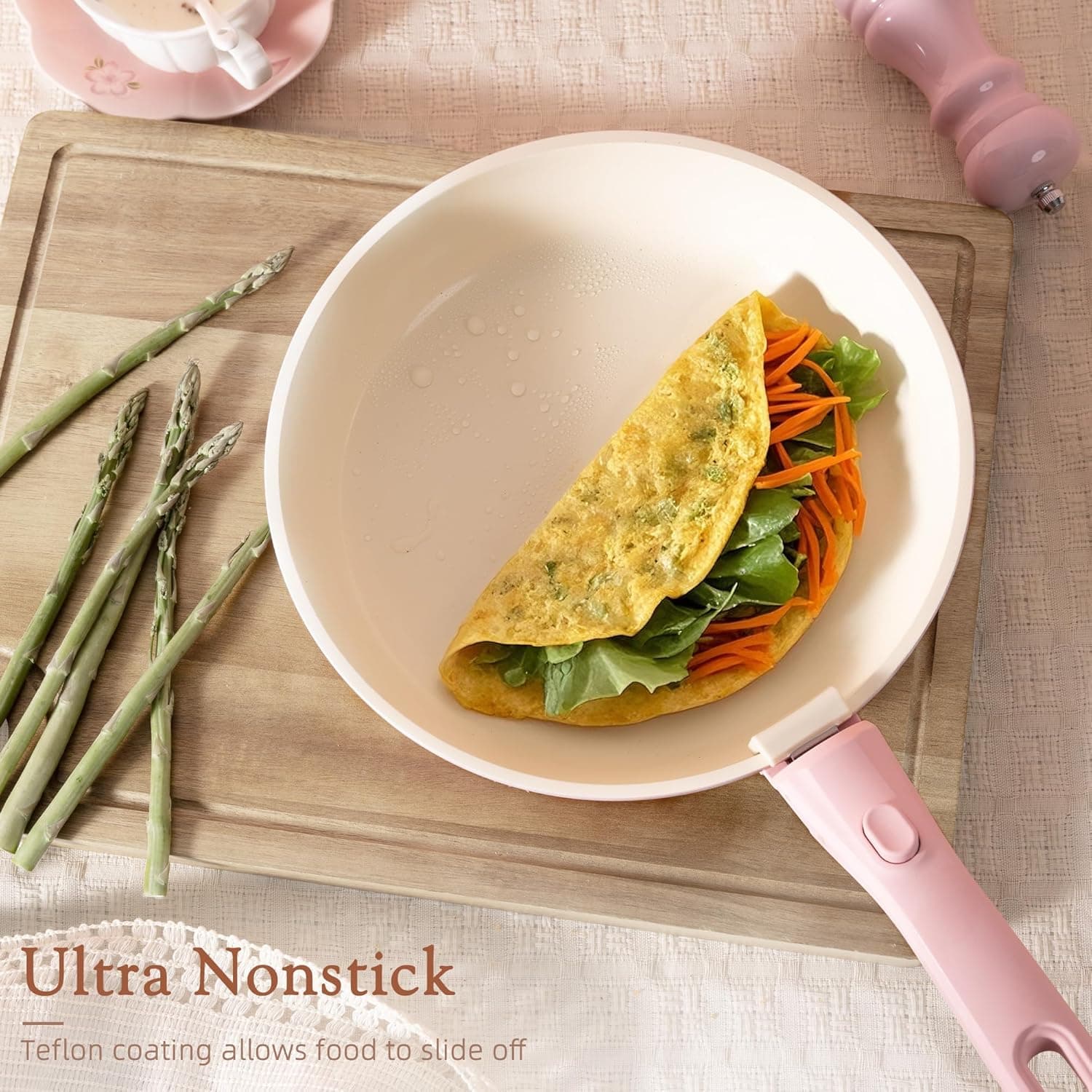 Astercook 21 Pcs Pots and Pans Non Stick Ceramic Cookware Set, Detachable Handles, RV Kitchen Cooking Set, Oven Safe, Induction Ready, Stackable, Pink - Image 4