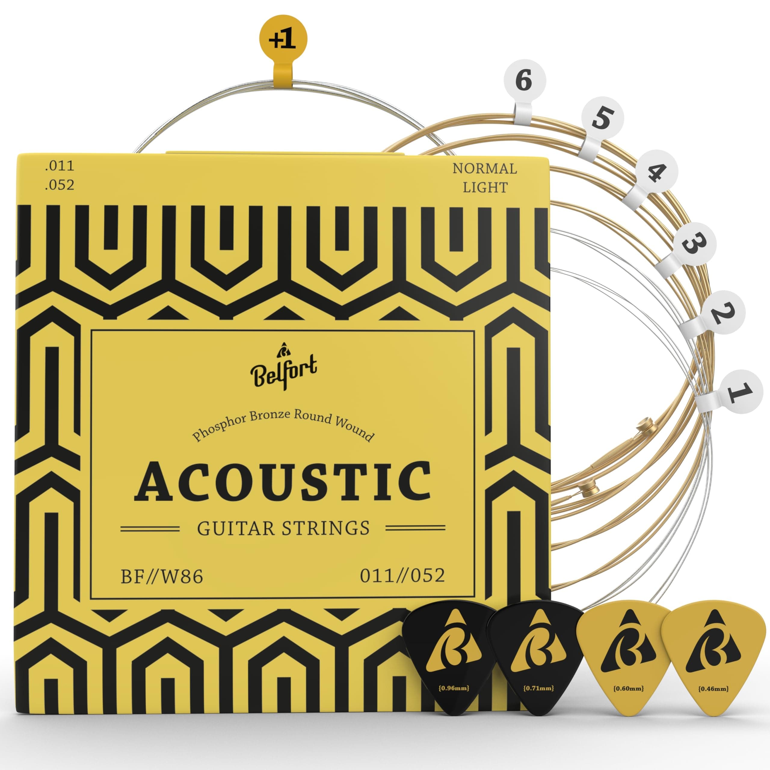 BELFORT® quality acoustic guitar strings - 6 string set - Premium coating with Phosphor Bronze (guitar strings acoustic 6 string set) BONUS: 4 Picks + 1 High E String - cuerdas para guitarra acustica 1 set – 6 strings + extra 1st E (.011/.052) Phosphor Bronze