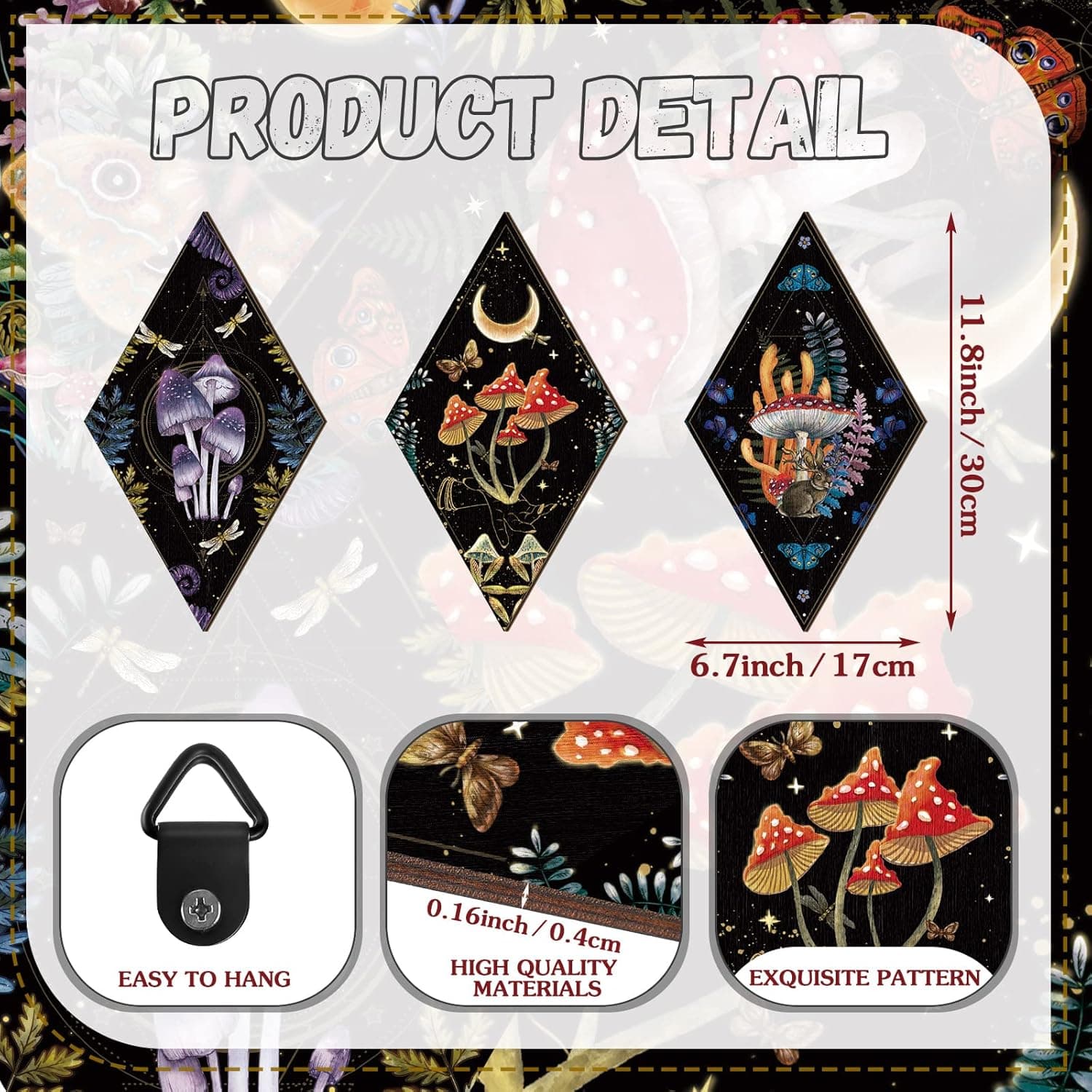 Sintuff 6 Pieces Christmas Gothic Wall Decor Boho Sun Moon Phases Wall Art Gothic Minimalist Stars Sun Hanging Wooden Home Decor Farmhouse Pediments for Gallery Living Bedroom Room(Mushroom) - Image 3